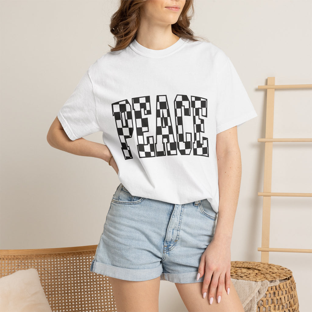 Checkered Text Shirt Peace Inspirational Gift Women Bold Tee Plaid T-Shirt Harmony Fan Graphic Design Minimalist Retro Pattern Tshirt