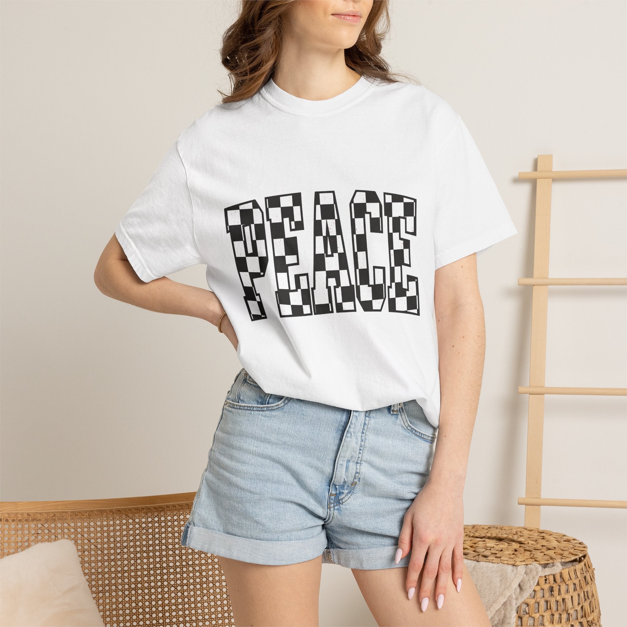 Checkered Text Shirt Peace Inspirational Gift Women Bold Tee Plaid T-Shirt Harmony Fan Graphic Design Minimalist Retro Pattern Tshirt