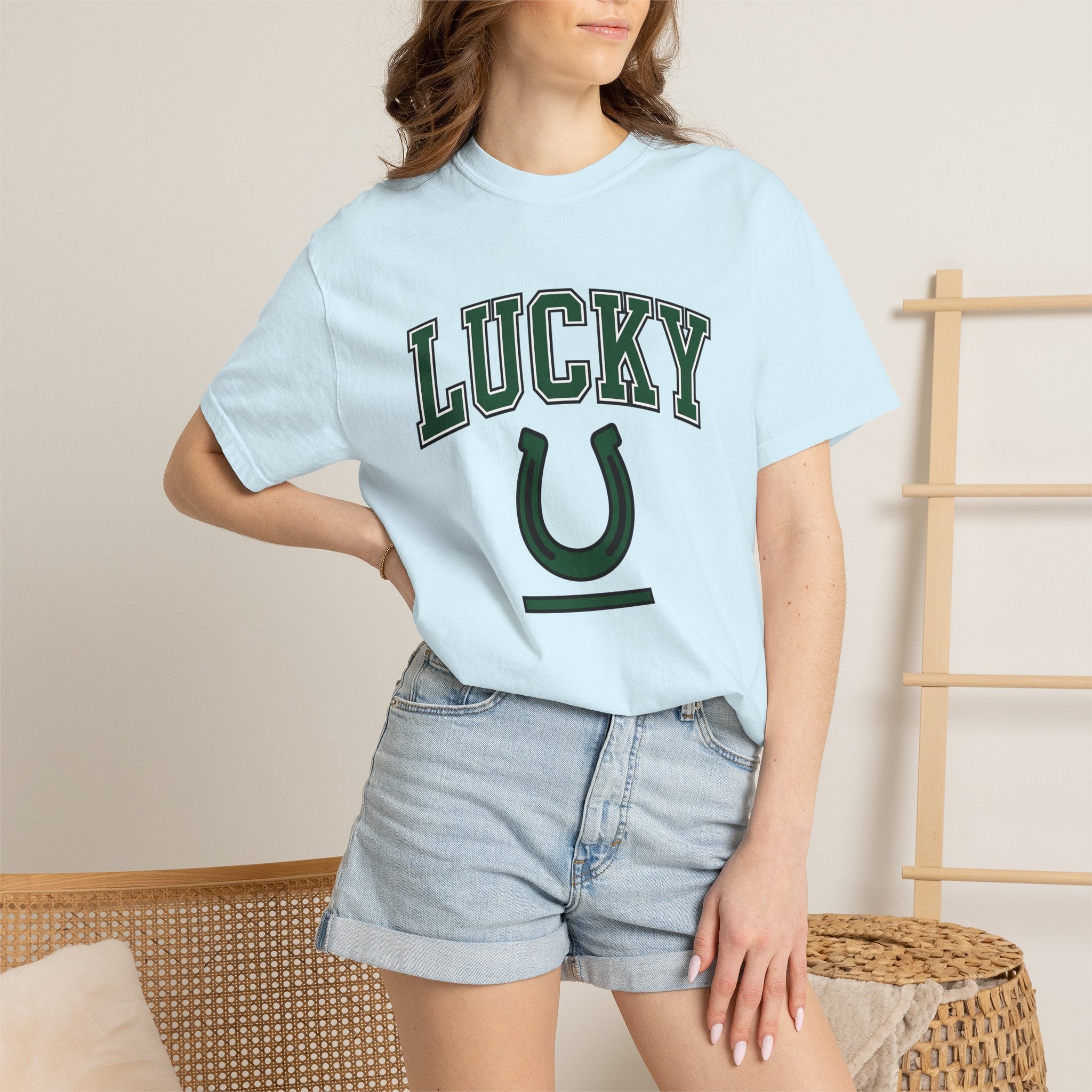 Horseshoe Graphic Shirt St Patricks Day Luck Gift Women Varsity Tee Horseshoe T-Shirt Lucky Fan Lucky Charm Graphic Design Minimalist Bold