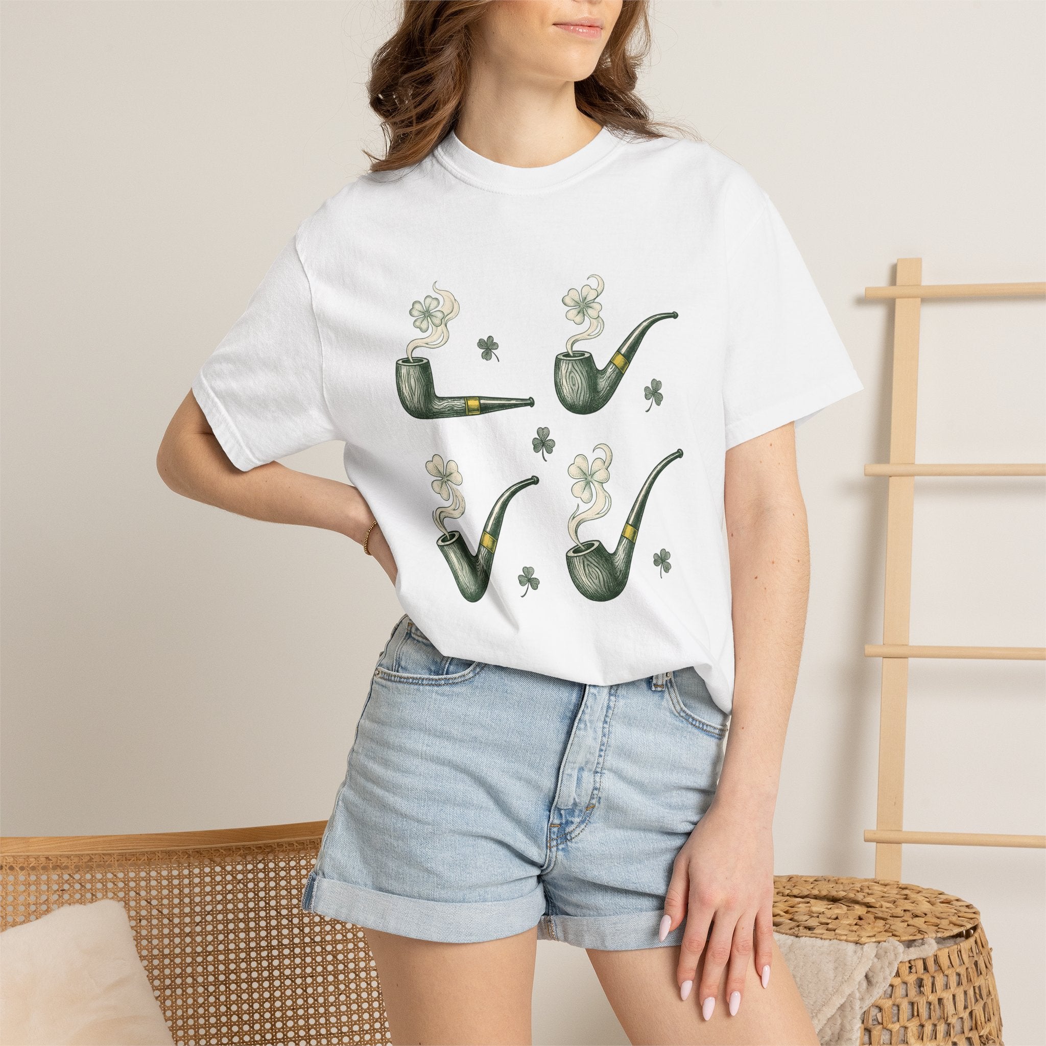 Tobacco Pipe Clover Shirt St Patrick's Day Celtic Gift Women Retro Tee Shamrock T-Shirt Luck Fan Vintage Tshirt Celtic Graphic Sketch Four