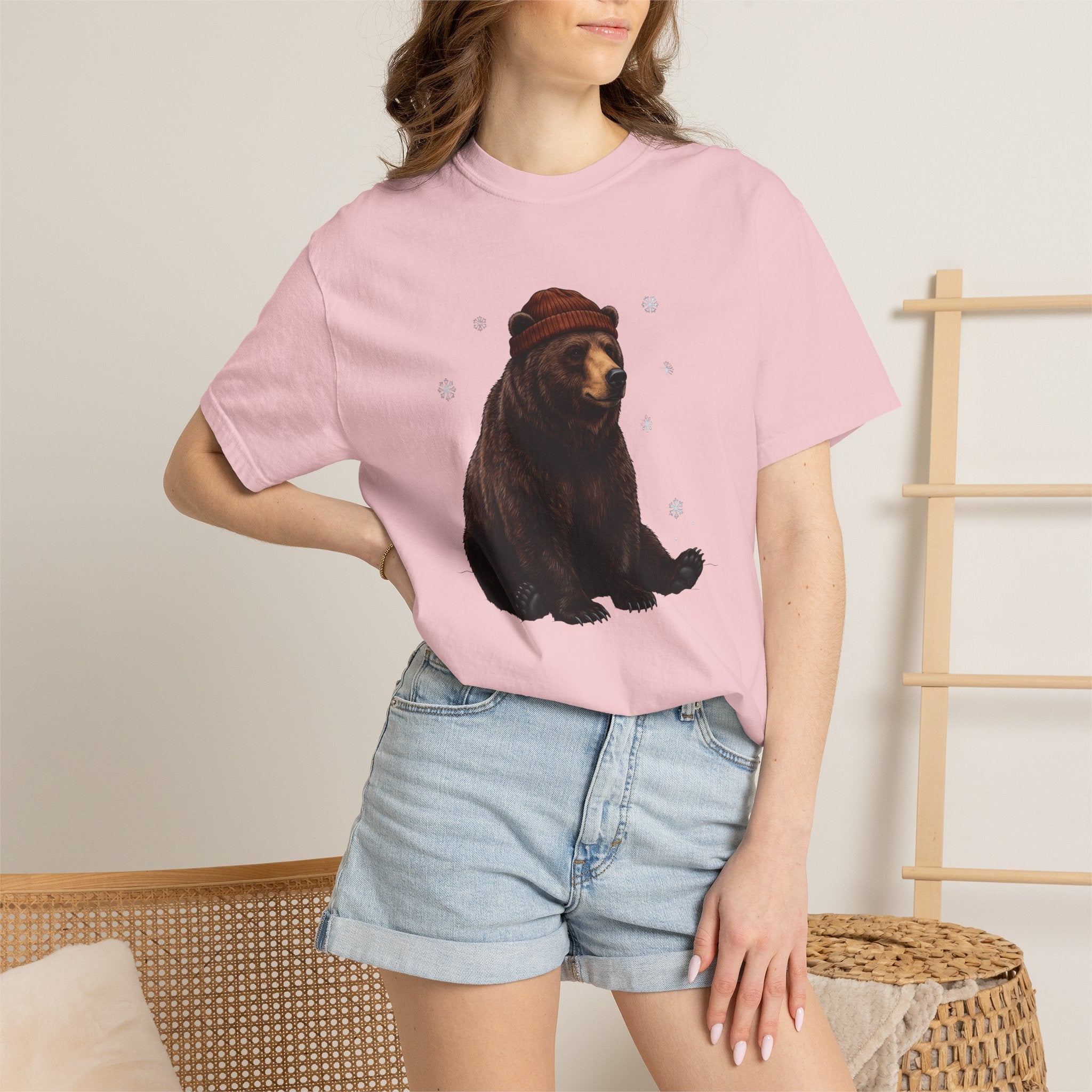 Bear Beanie Shirt Animals Cold Gift Women Sketch Tee Beanie T-Shirt Wildlife Fan Drawing Tshirt Frosty Graphic Retro Snow Crystal Tshirt