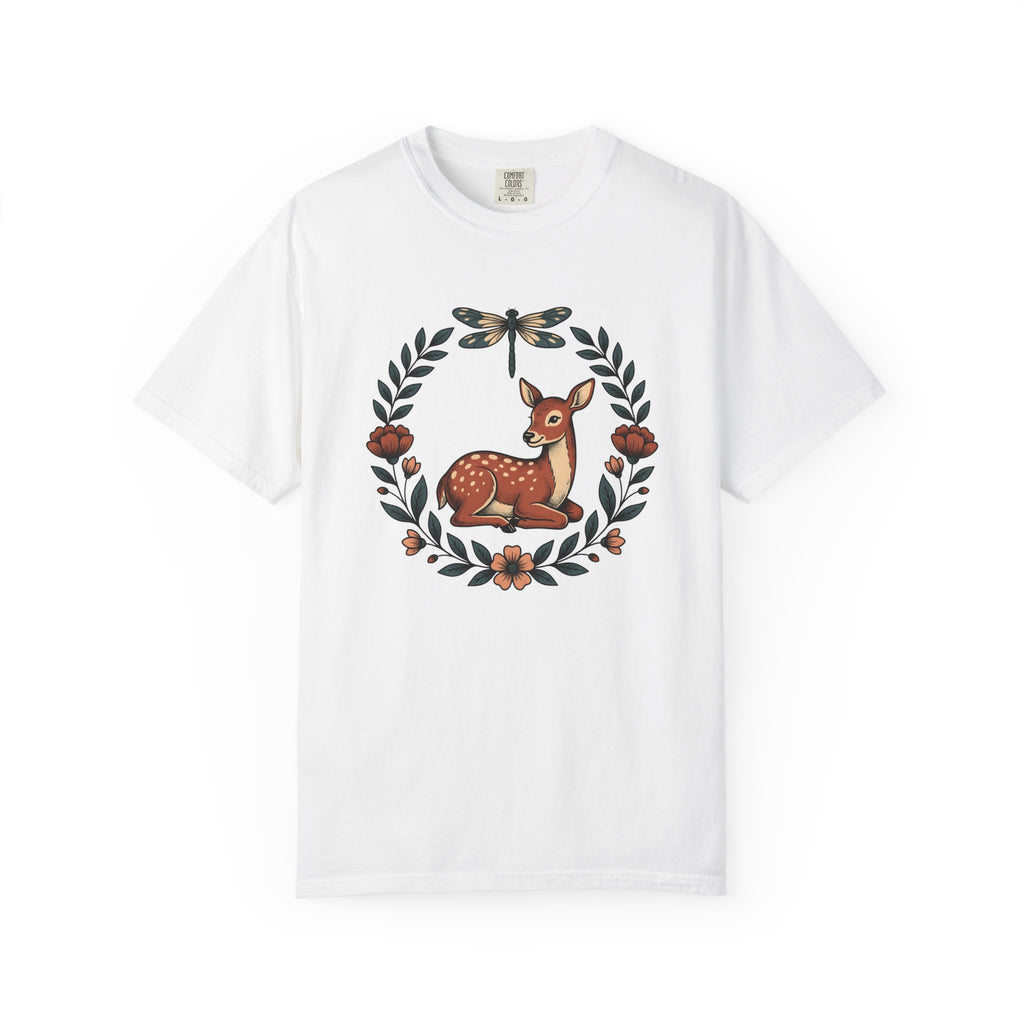 Young Deer Art Shirt Animals Fauna Gift Women Plant Tee Fawn T-Shirt Wildlife Fan Botanical Tshirt Wildlife Graphic Sketch Winged Insect
