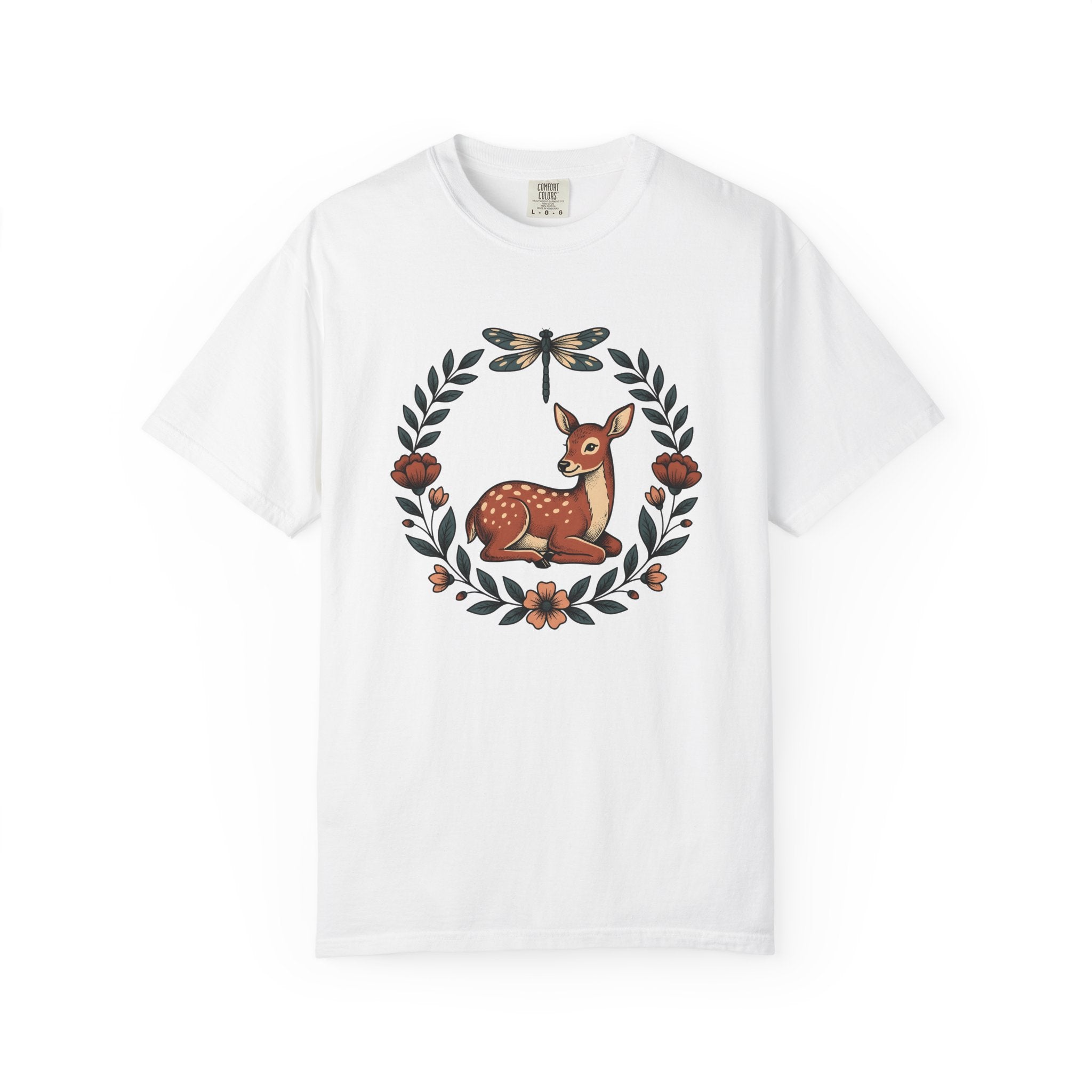 Young Deer Art Shirt Animals Fauna Gift Women Plant Tee Fawn T-Shirt Wildlife Fan Botanical Tshirt Wildlife Graphic Sketch Winged Insect