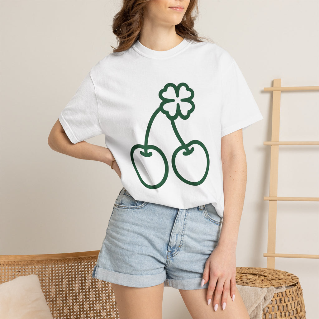Clover Cherry Shirt St. Patrick's Day Talisman Gift Women Basic Tee Cherry T-Shirt Luck Fan Simple Tshirt Amulet Graphic Sketch Lucky Leaf