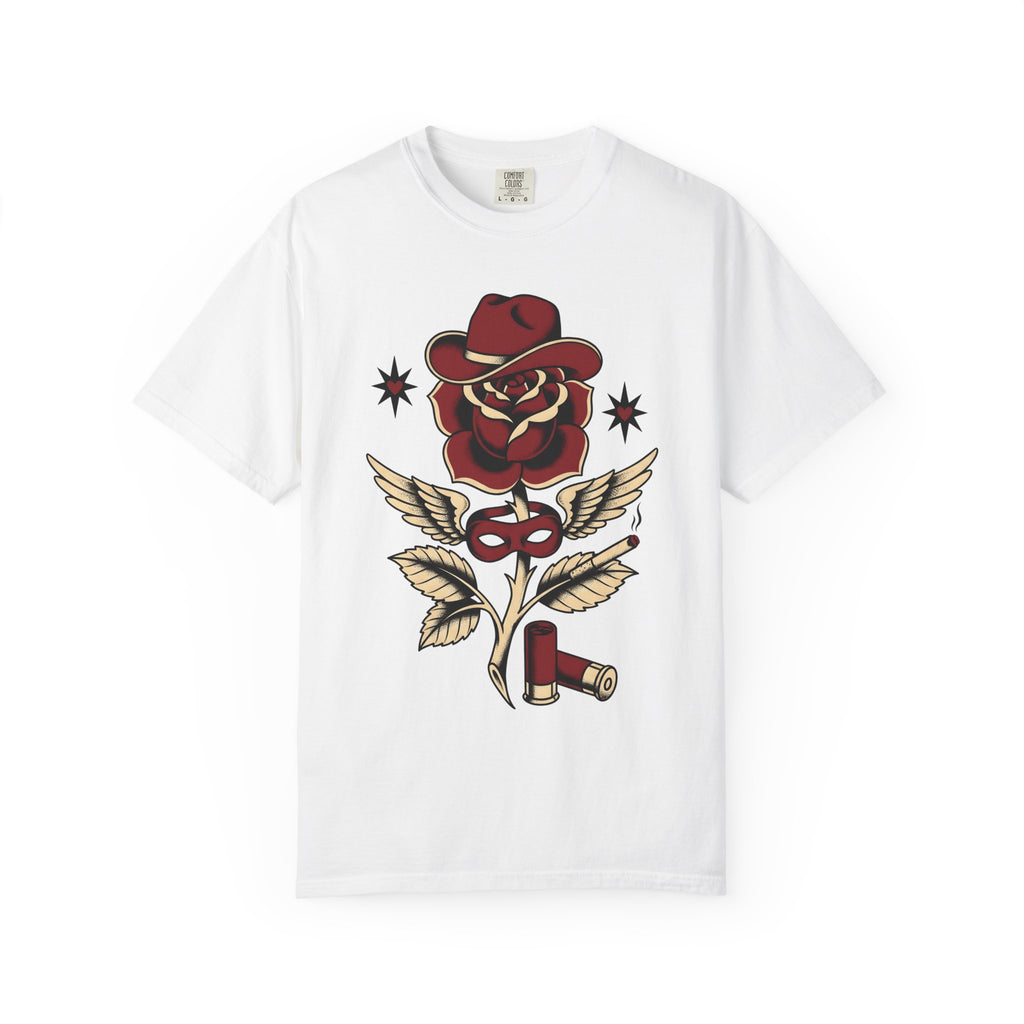 Rose Cowboy Hat Shirt Western Floral Gift Women Tattoo Tee Cowboy Hat T-Shirt Rodeo Fan Tattooed Tshirt Flower Graphic Vintage Wings Tshirt