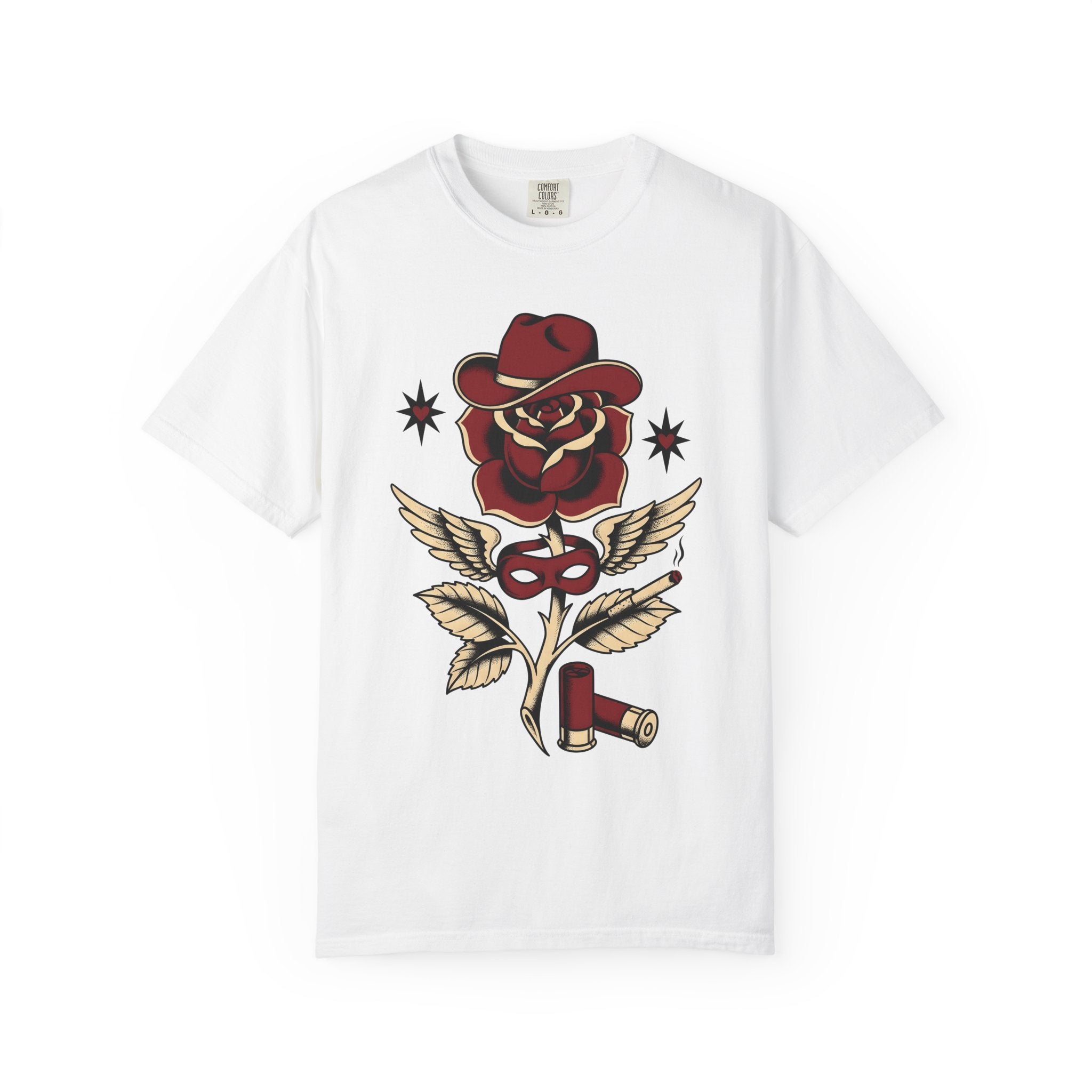 Rose Cowboy Hat Shirt Western Floral Gift Women Tattoo Tee Cowboy Hat T-Shirt Rodeo Fan Tattooed Tshirt Flower Graphic Vintage Wings Tshirt