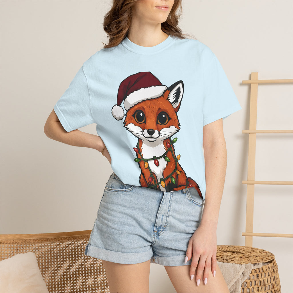 Fox Santa Hat Shirt Christmas Animal Gift Women Cartoon Tee Fox T-Shirt Xmas Fan Fox Graphic Kawaii Christmas Lights Tshirt