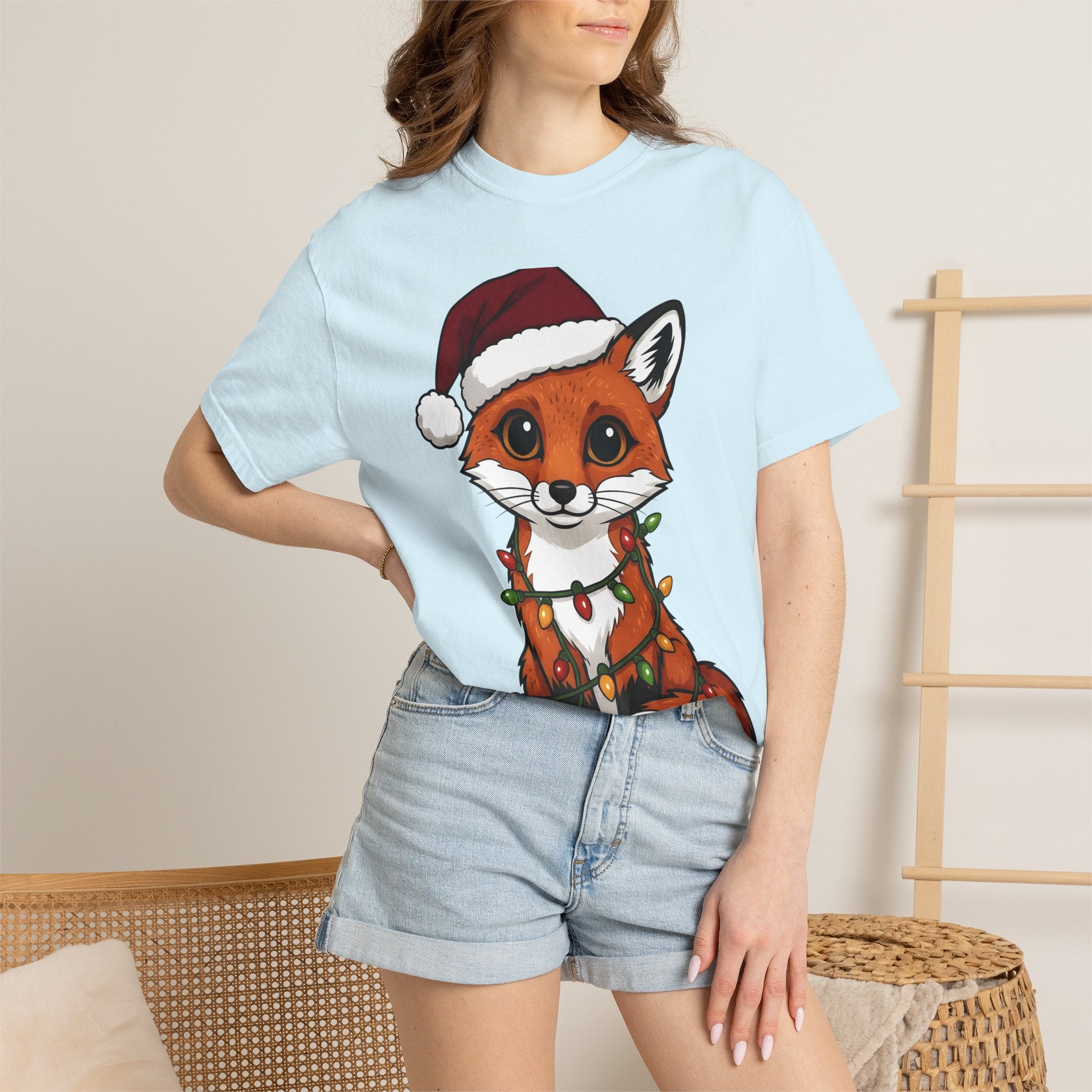 Fox Santa Hat Shirt Christmas Animal Gift Women Cartoon Tee Fox T-Shirt Xmas Fan Fox Graphic Kawaii Christmas Lights Tshirt