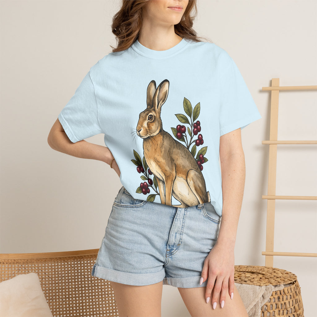 Rabbit Drawing Shirt Holiday Creature Gift Women Garden Tee Bunny T-Shirt Vacation Fan Floral Tshirt Animal Graphic Retro Berry Tshirt