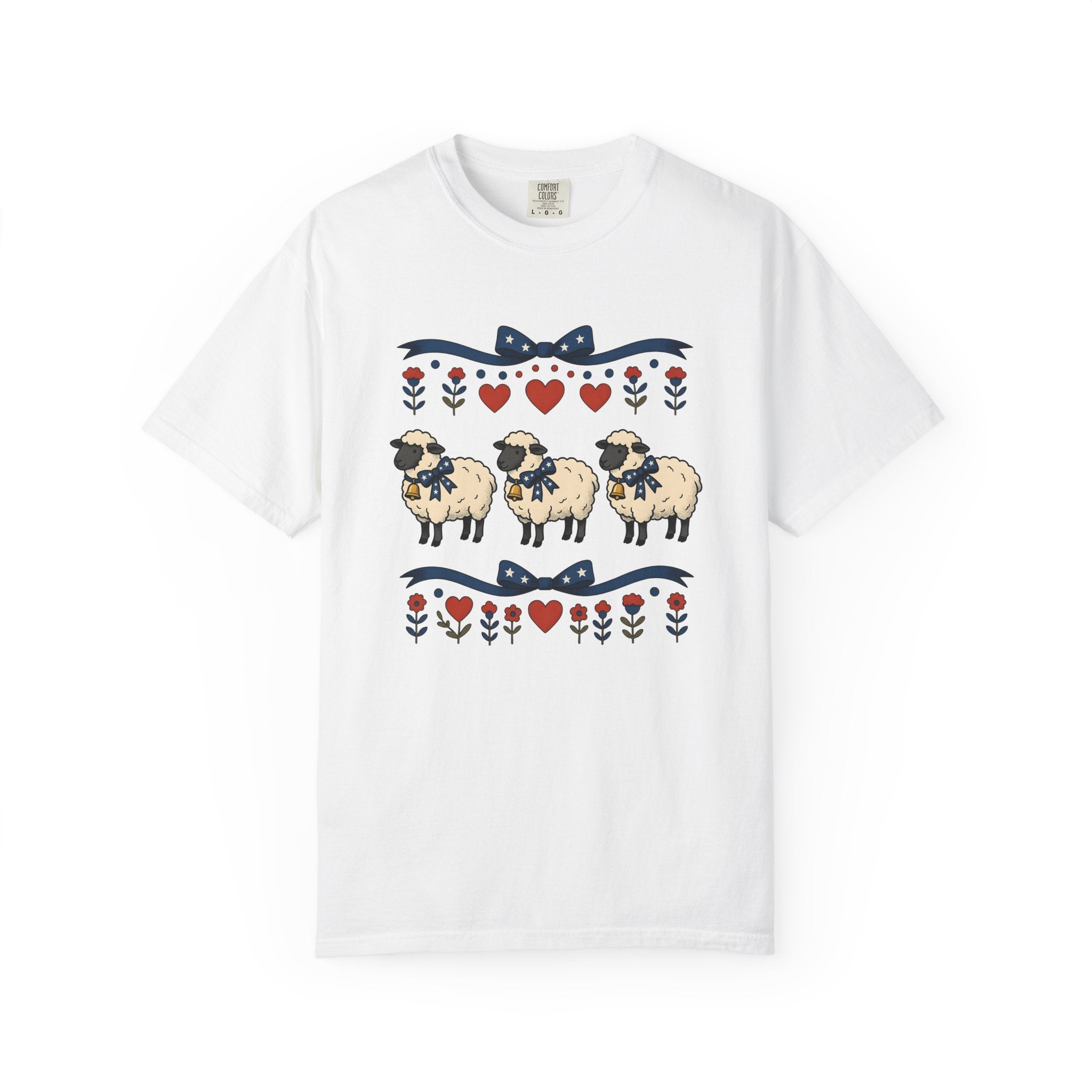Sheep Trio Shirt 4th Of July Farmhouse Gift Women Folk Art Tee Flock T-Shirt Independence Fan Primitive Tshirt Rustic Graphic Vintage