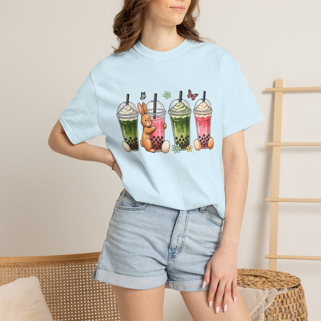 Bunny Boba Tea Shirt Easter Animal Gift Women Cute Tee Bubble Tea T-Shirt Easter Fan Cartoon Tshirt Creature Graphic Hand Drawn Easter Eggs