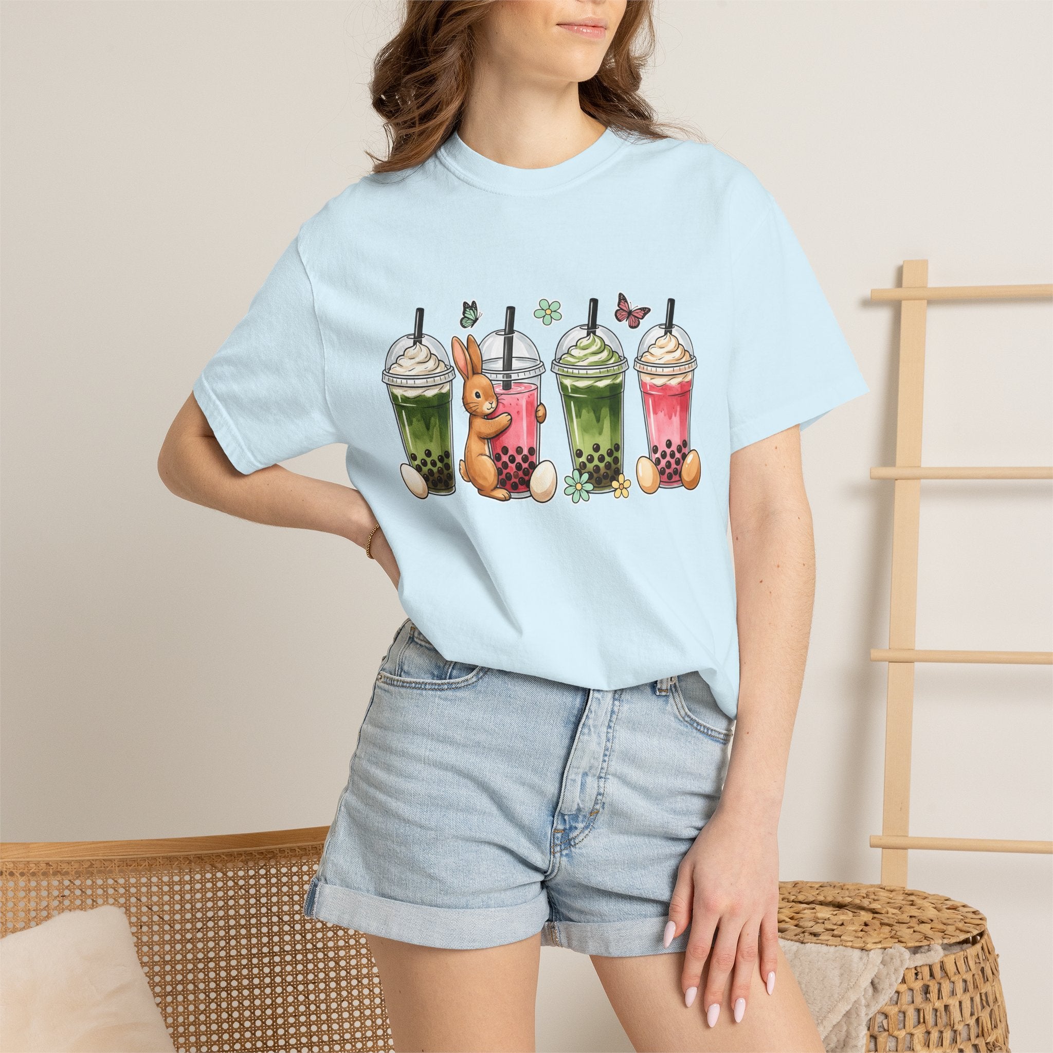 Bunny Boba Tea Shirt Easter Animal Gift Women Cute Tee Bubble Tea T-Shirt Easter Fan Cartoon Tshirt Creature Graphic Hand Drawn Easter Eggs