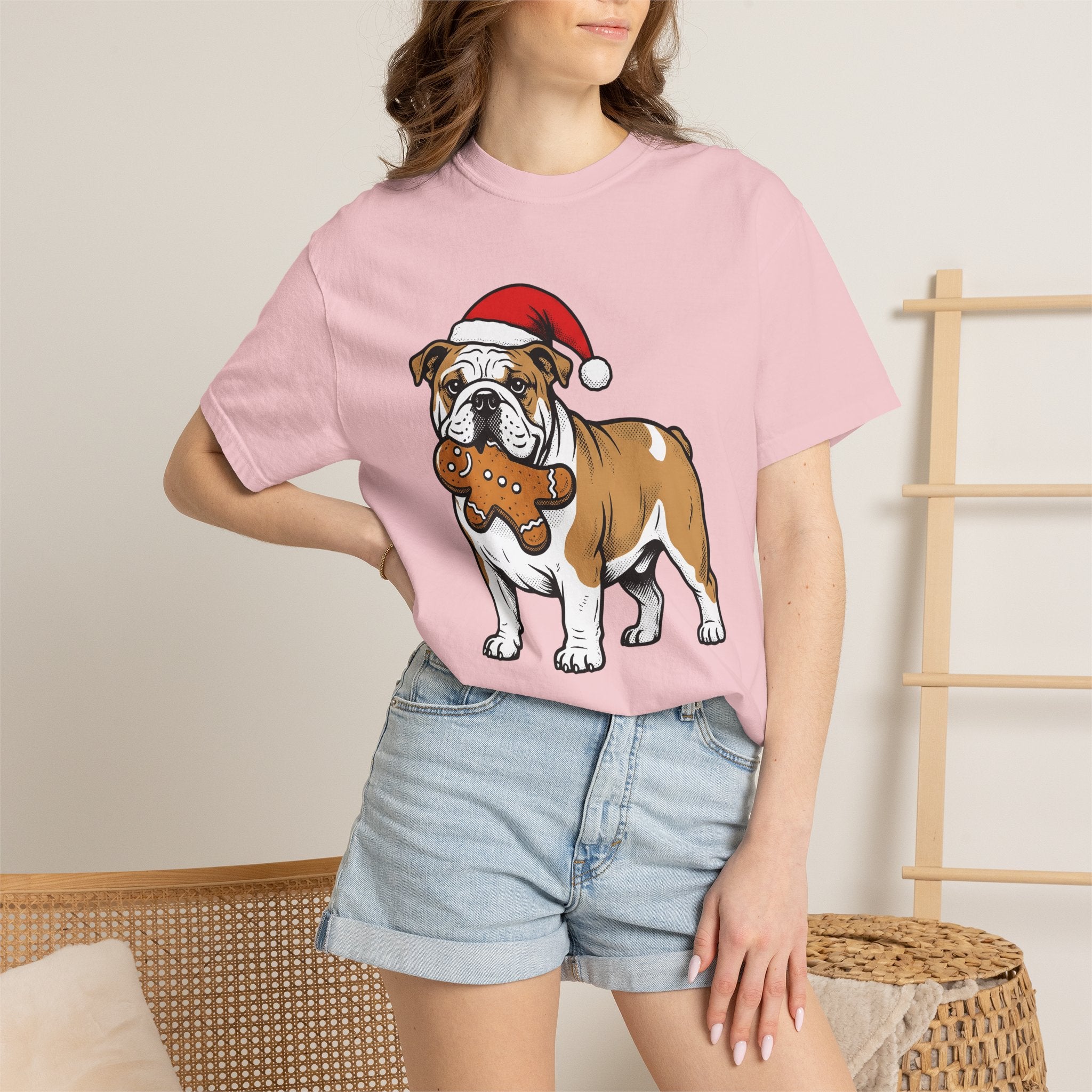 Bulldog Shirt Dog Festive Gift Women Line Art Tee Dog T-Shirt Dog Fan Illustration Graphic Classic Christmas Bonnet Tshirt