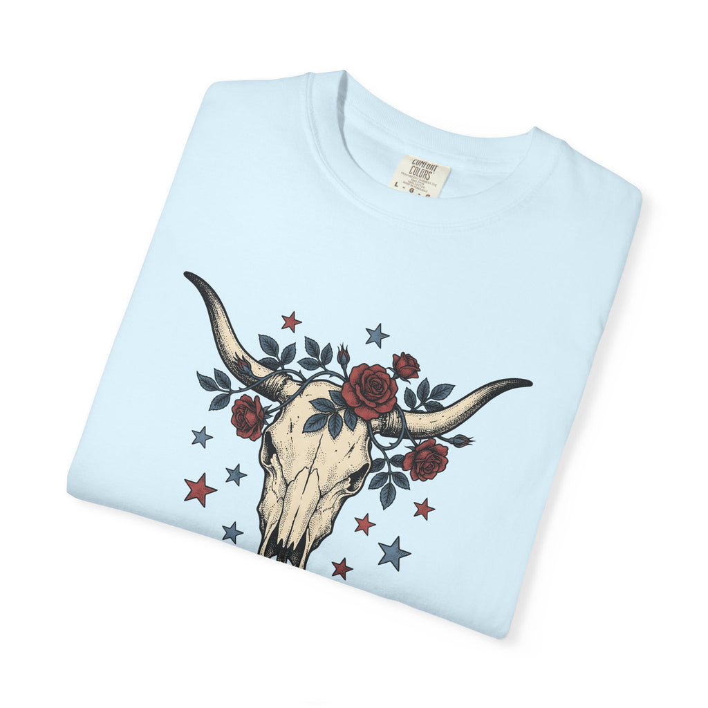 Cow Skull Shirt America Western Gift Women Tattoo Tee Bull Skull T-Shirt American Fan Ink Tshirt Rodeo Graphic Vintage Red Roses Tshirt