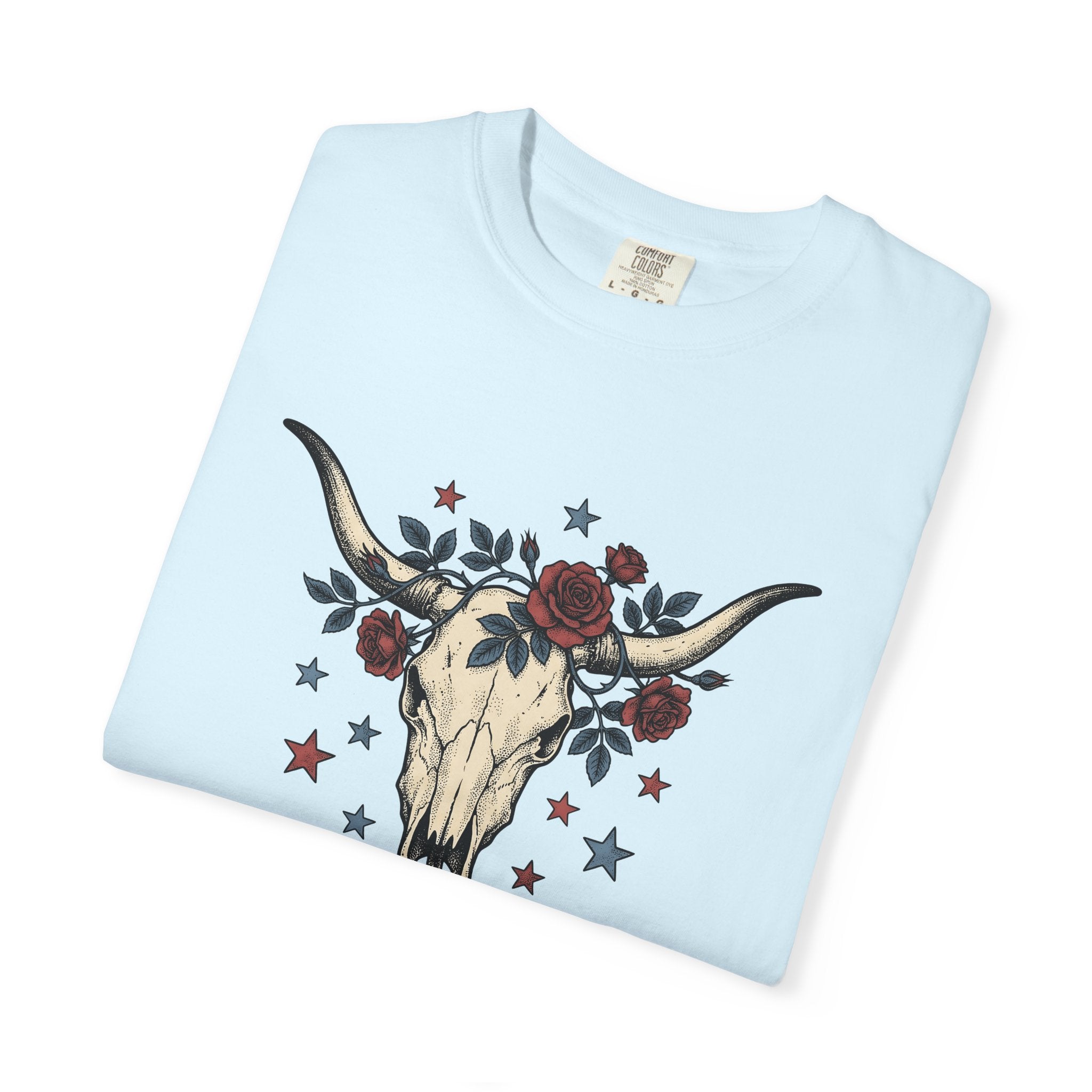 Cow Skull Shirt America Western Gift Women Tattoo Tee Bull Skull T-Shirt American Fan Ink Tshirt Rodeo Graphic Vintage Red Roses Tshirt