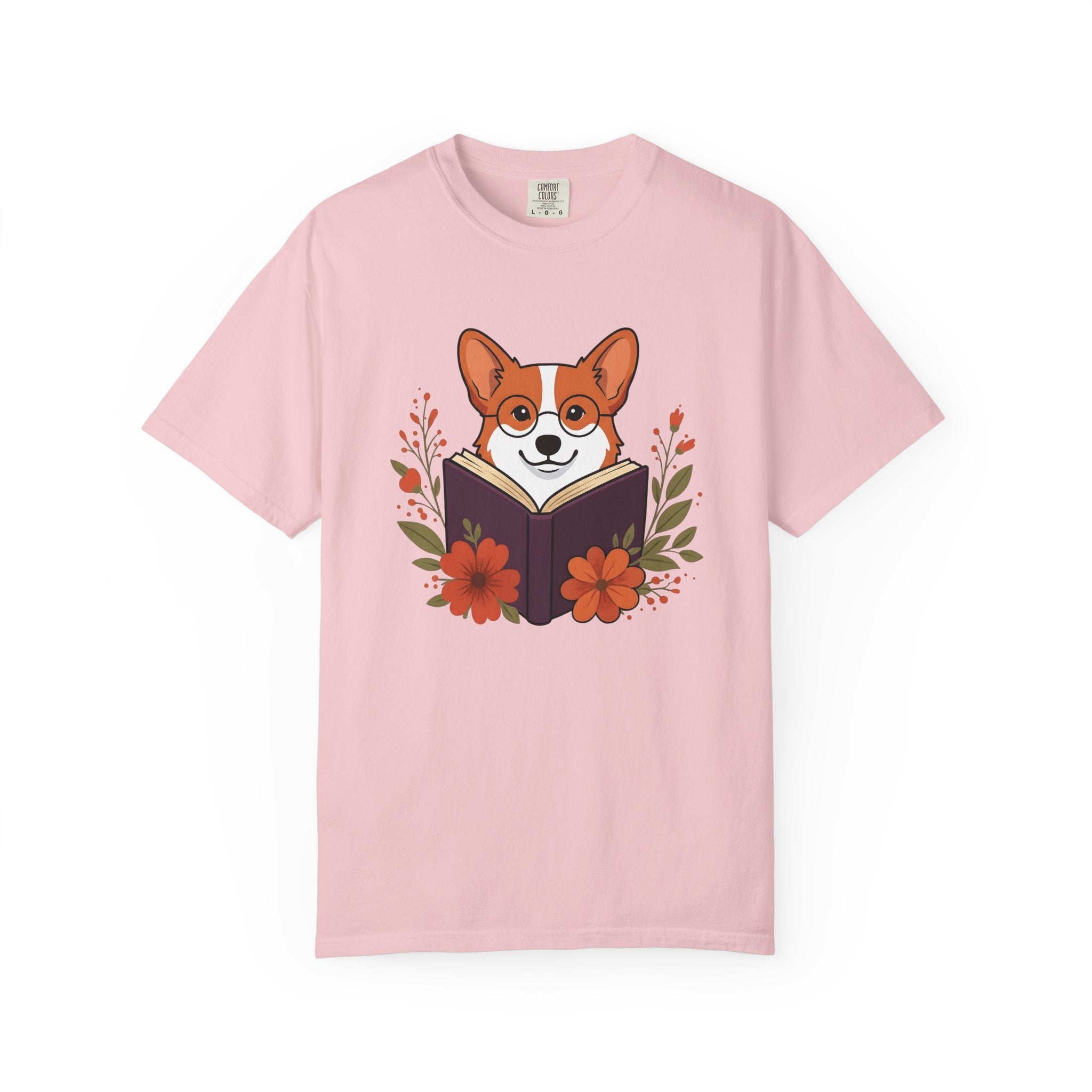 Corgi Pet Book Shirt Dog Literature Gift Women Illustration Tee Bookworm T-Shirt Dog Fan Artistic Tshirt Bibliophile Graphic Doodle Blossoms