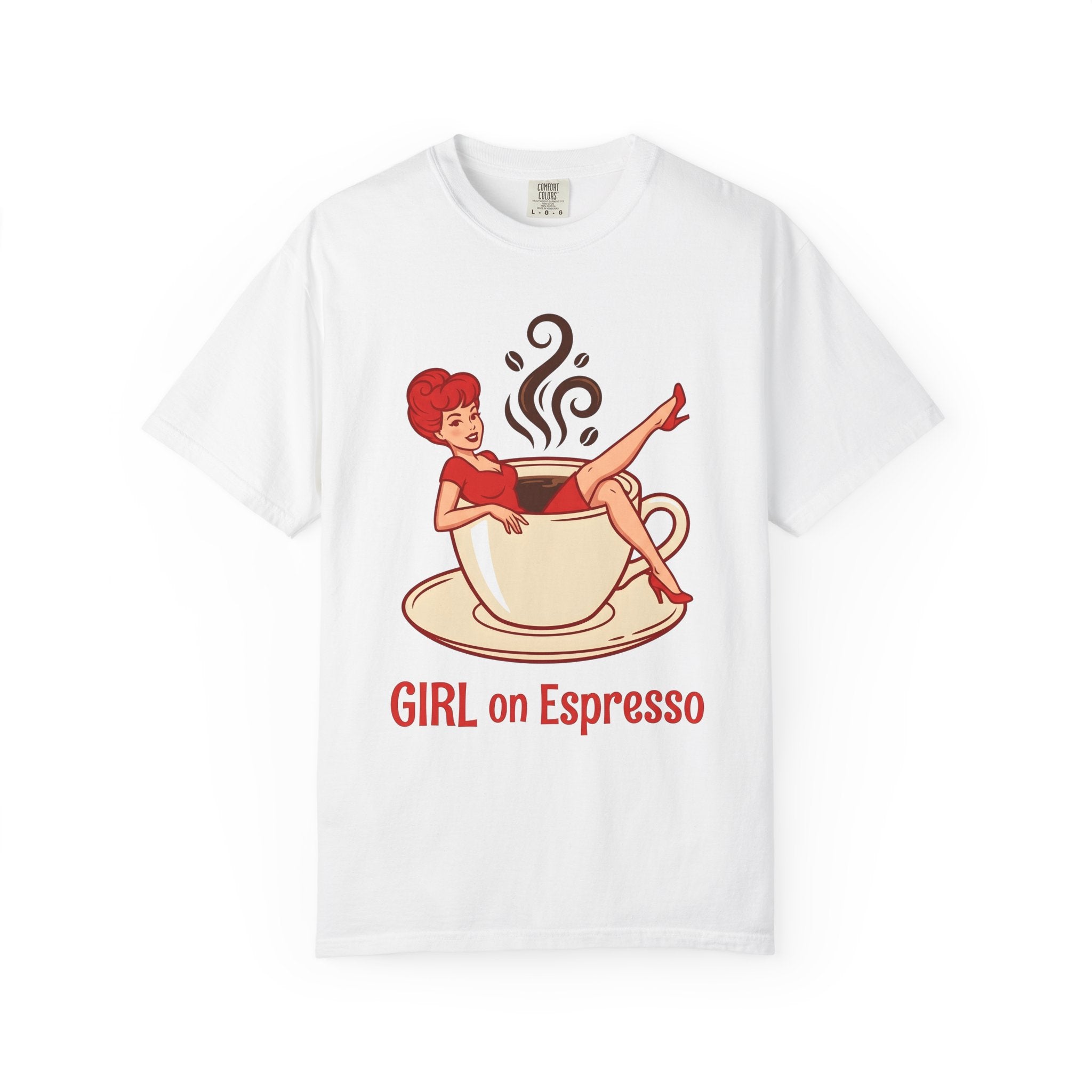 Pinup Coffee Mug Shirt Coffee Fun Gift Women Hand Drawn Tee Coffee Cup T-Shirt Coffee Fan Illustrated Tshirt Humor Graphic Line Art Steam