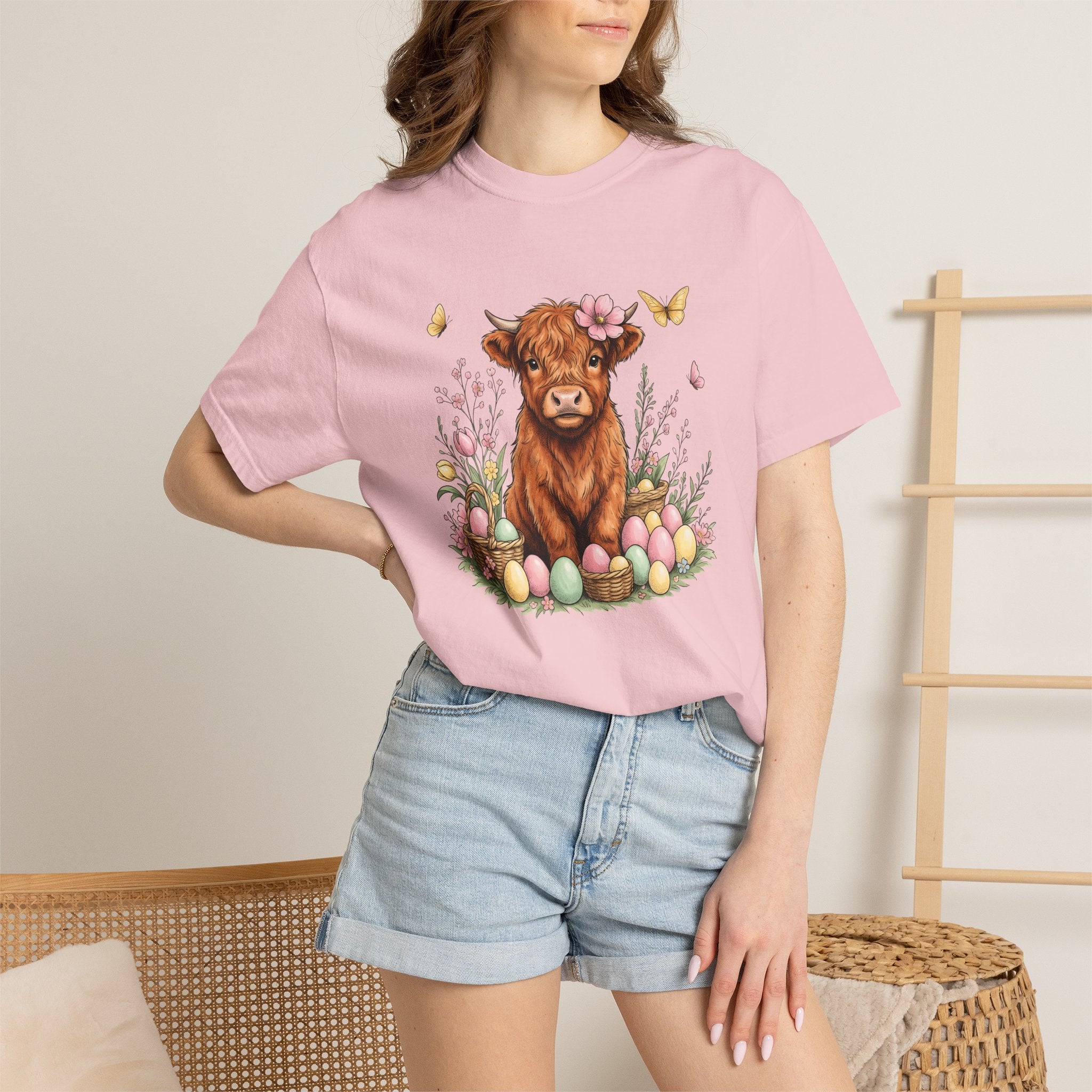 Highland Cattle Shirt Easter Rustic Gift Women Line Art Tee Cow T-Shirt Spring Fan Illustrated Tshirt Country Graphic Hand Drawn Decorative