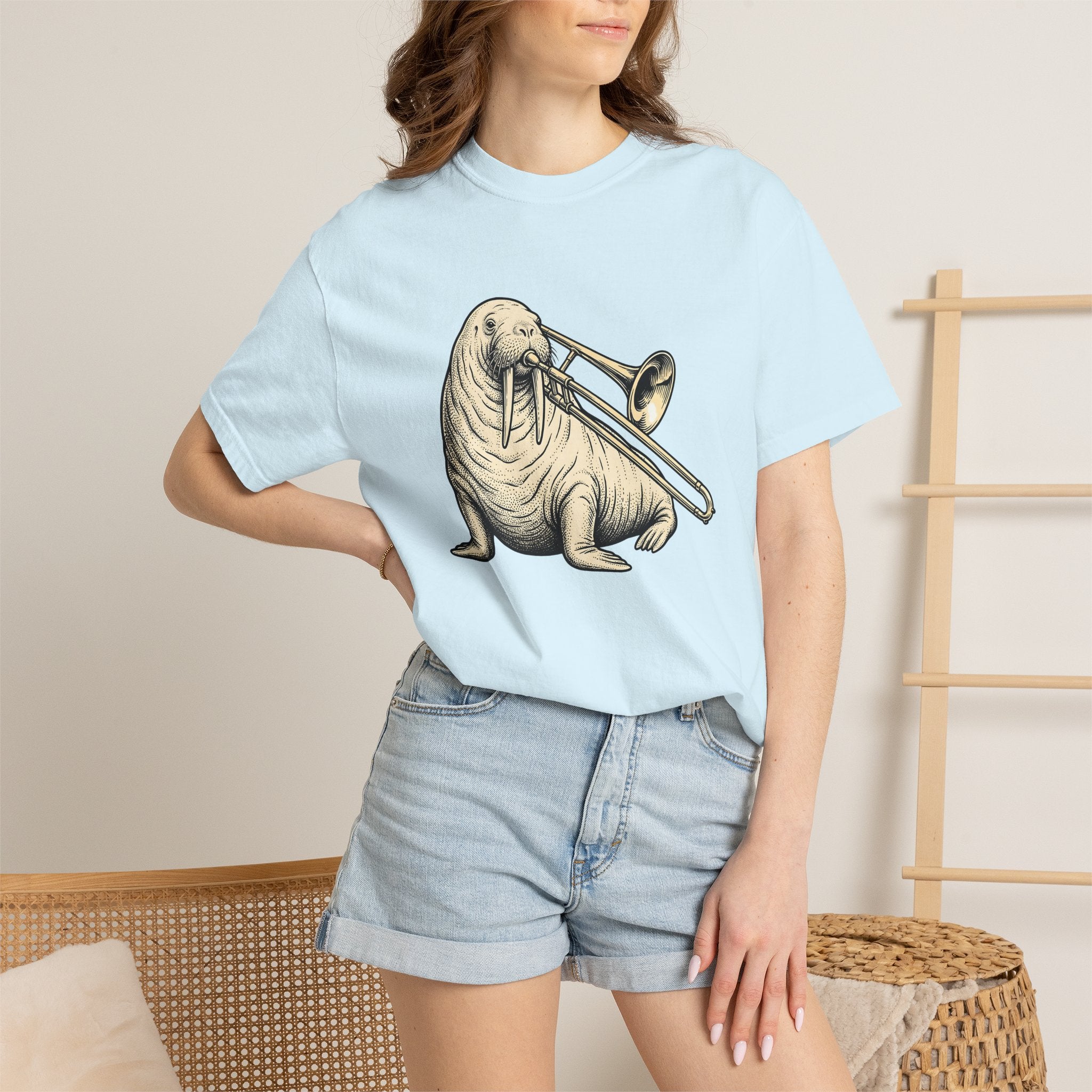 Walrus Trombone Shirt Animals Music Gift Women Vintage Tee Tusk T-Shirt Wildlife Fan Retro Tshirt Melody Graphic Hand Drawn Musical