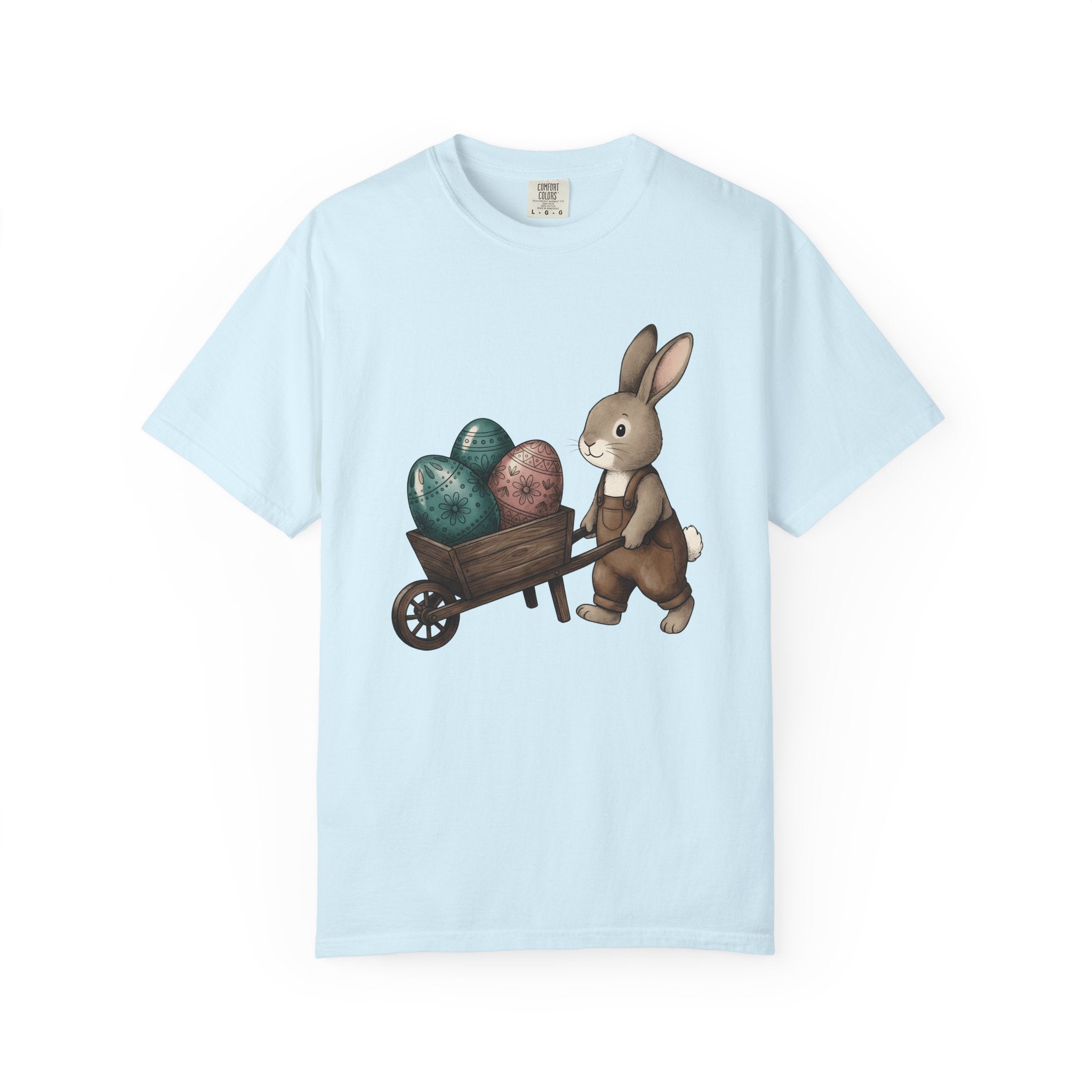Bunny Cart Shirt Easter Wildlife Gift Women Sweet Tee Rabbit T-Shirt Easter Fan Bunny Tshirt Wildlife Graphic Doodle Colorful Eggs Tshirt