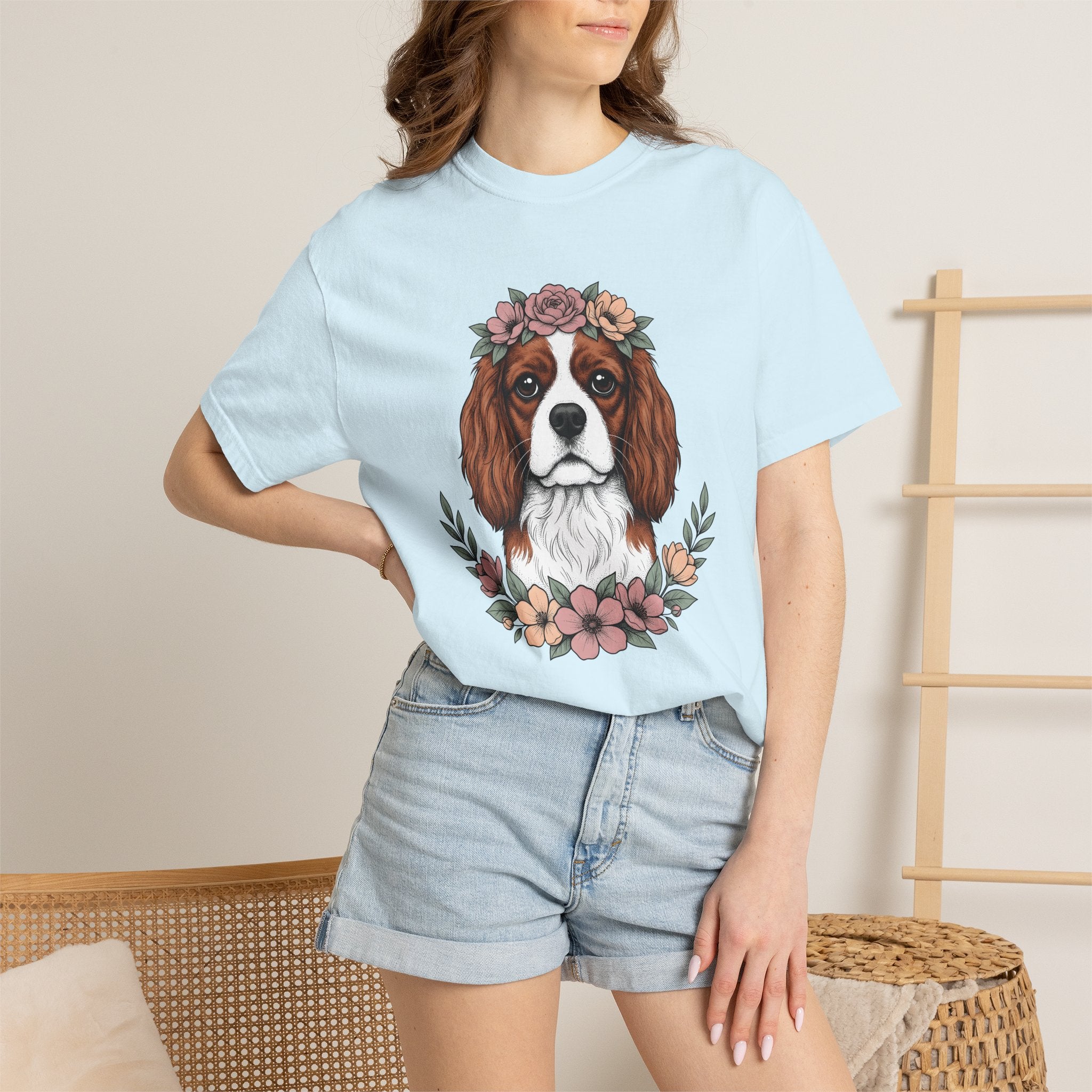 Cavalier Spaniel Dog Shirt Dog Blossoms Gift Women Flower Art Tee Spaniel T-Shirt Dog Fan Floral Tshirt Floral Graphic Sketch Flower Crown