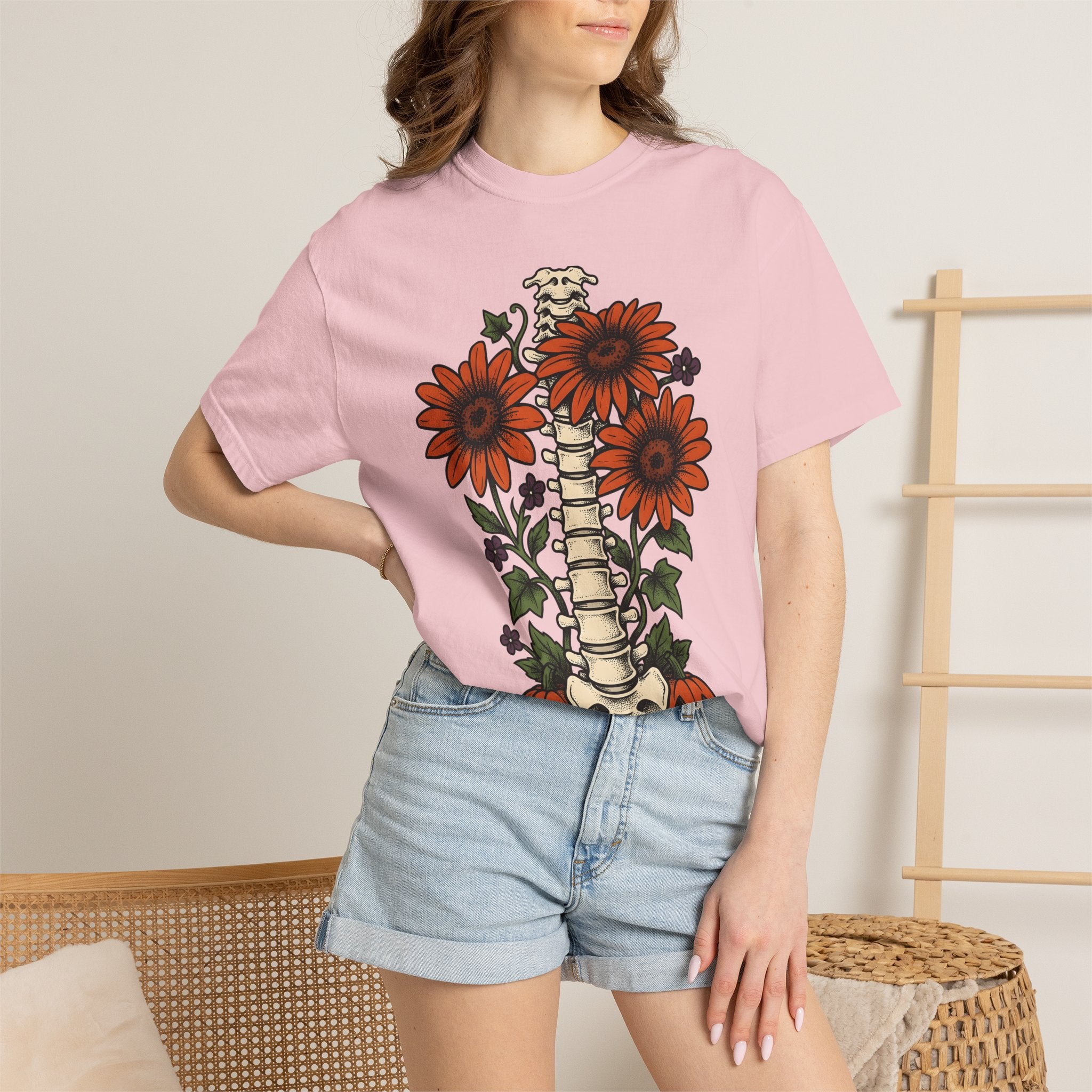 Spine Flower Pumpkins Shirt Halloween Horror Gift Women Ink Tee Gourd T-Shirt Horror Fan Tattoo Tshirt Horror Graphic Retro Sunflower Tshirt