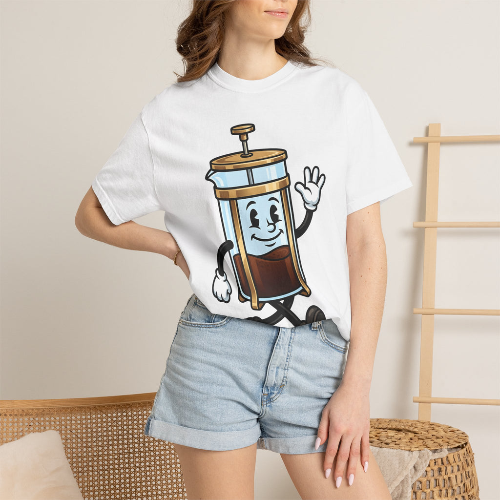 French Press Character Shirt Coffee Foodie Gift Women Cartoon Tee Cafetiere T-Shirt Coffee Fan Comic Tshirt Gourmet Graphic Retro Walking