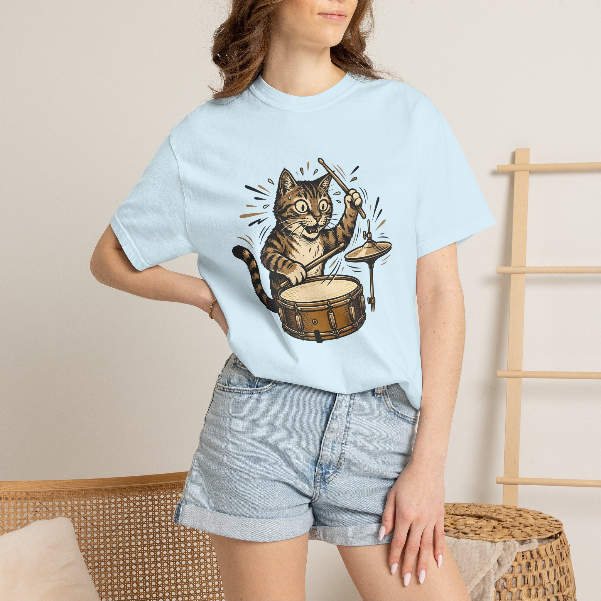 Cat Drum Set Shirt Cat Music Gift Women Cartoon Tee Drum Kit T-Shirt Cat Fan Comic Tshirt Melody Graphic Retro Cymbals Tshirt