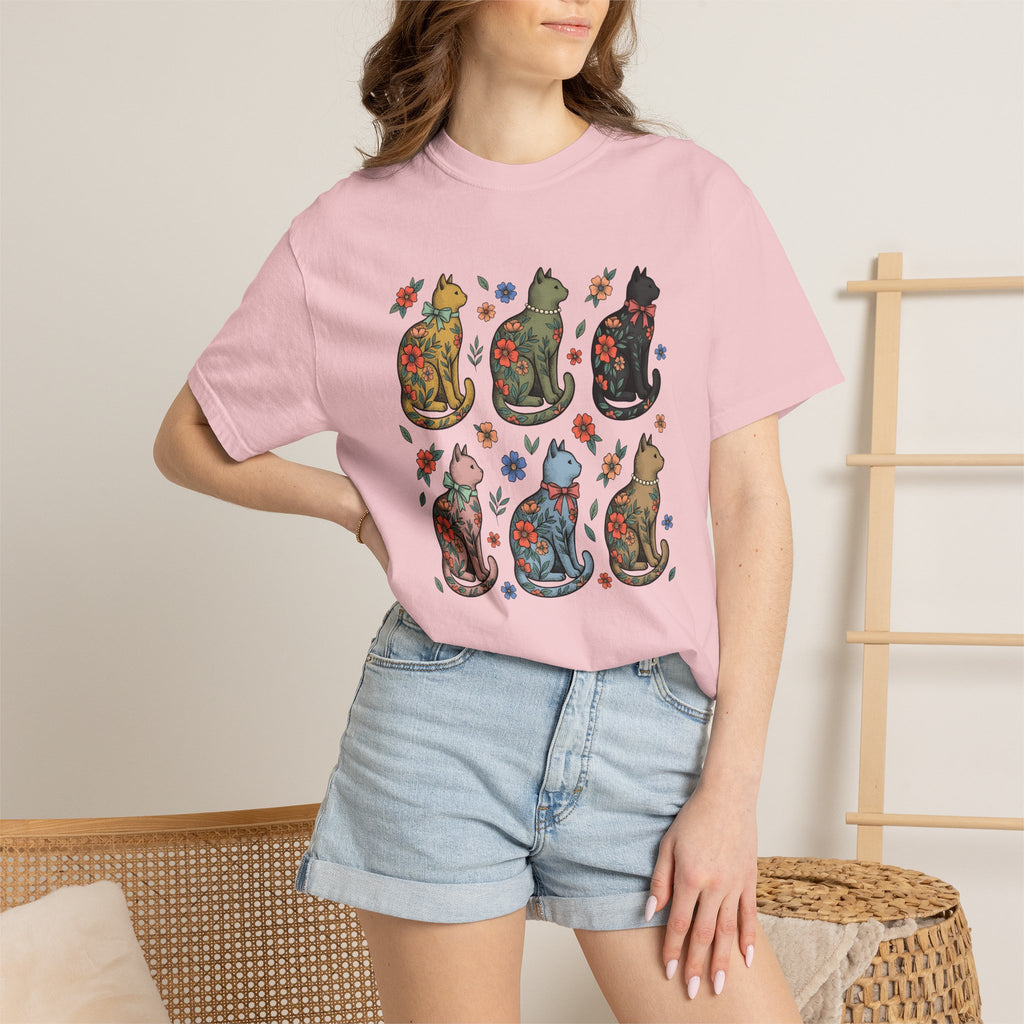 Flower Cat Shirt Animals Plants Gift Women Hippie Tee Kitty Cat T-Shirt Pet Fan Feline Tshirt Floral Graphic Classic Ribbon Tshirt