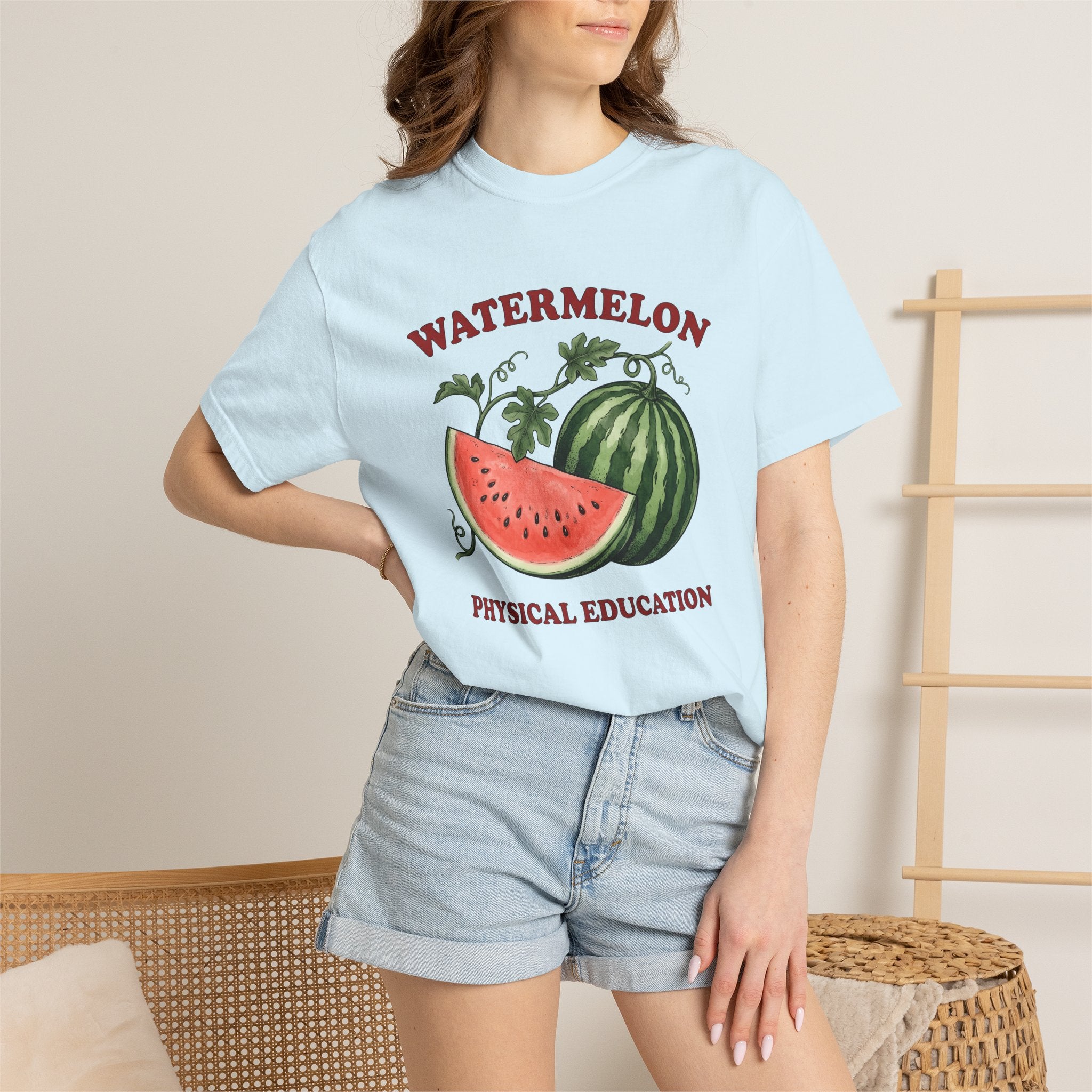 Watermelon Slice Shirt Fruit Vacation Gift Women Cartoon Tee Melon T-Shirt Produce Fan Citrus Tshirt Holiday Graphic Line Art Green Leaves