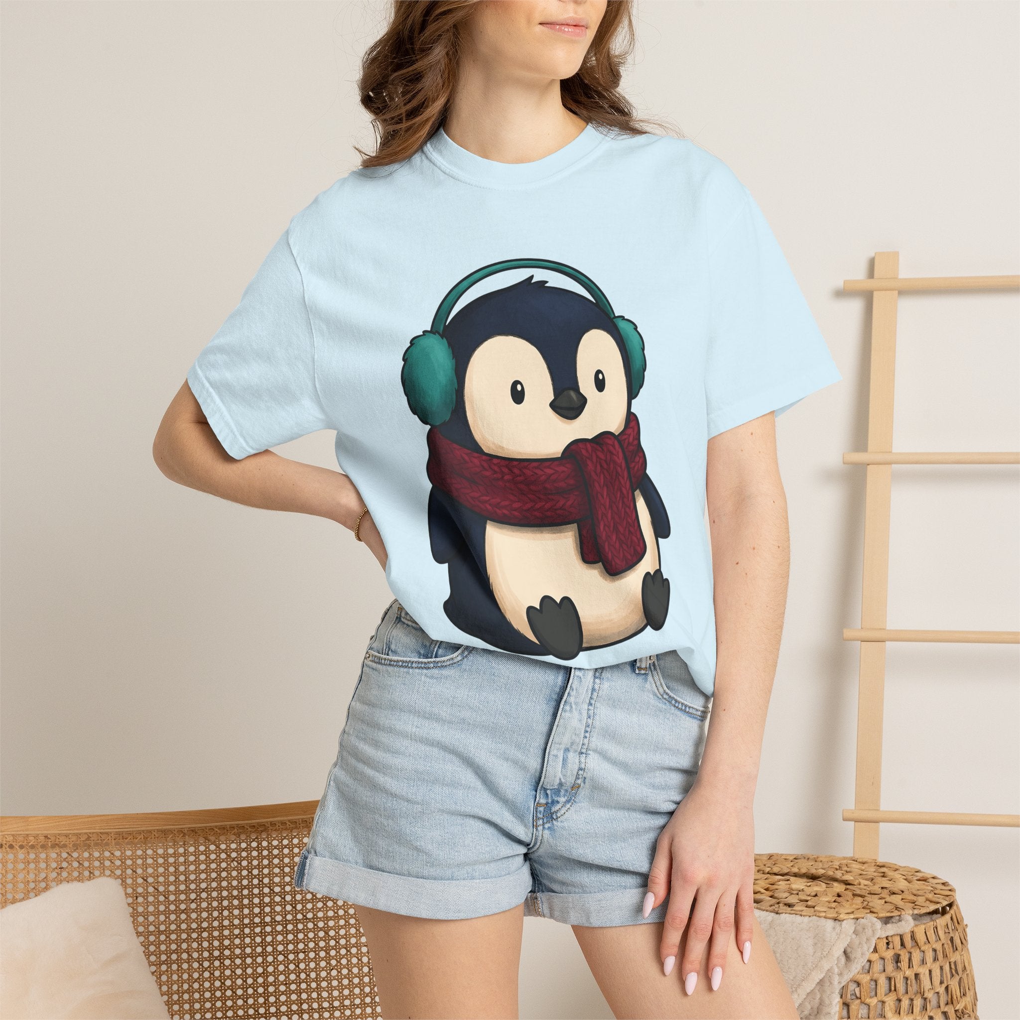 Penguin Shirt Animals Frost Gift Women Whimsical Tee Puffin T-Shirt Wildlife Fan Cartoon Tshirt Frosty Graphic Line Art Winter Wrap Tshirt