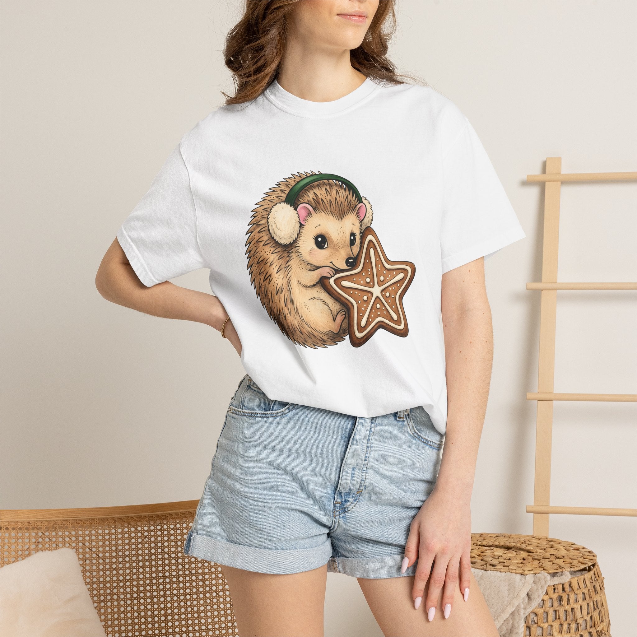 Hedgehog Cookie Shirt Animals Holiday Gift Women Cute Tee Cookie T-Shirt Animal Fan Adorable Tshirt Christmas Graphic Hand Drawn Earmuffs