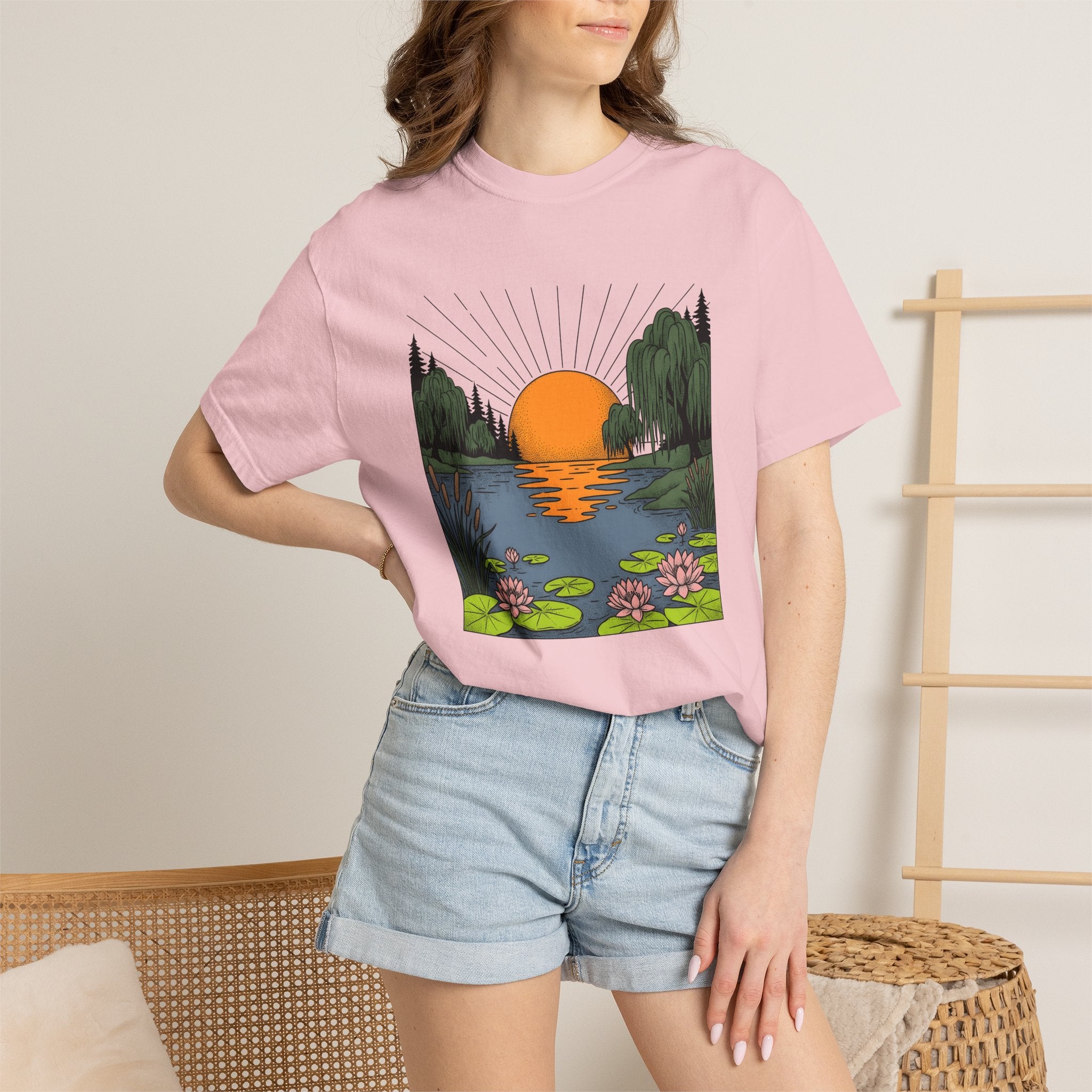 Twilight Lake Scene Shirt Nature Wildlife Gift Women Garden Illustration Tee Lakefront T-Shirt Outdoor Fan Botanical Tshirt Animal Graphic