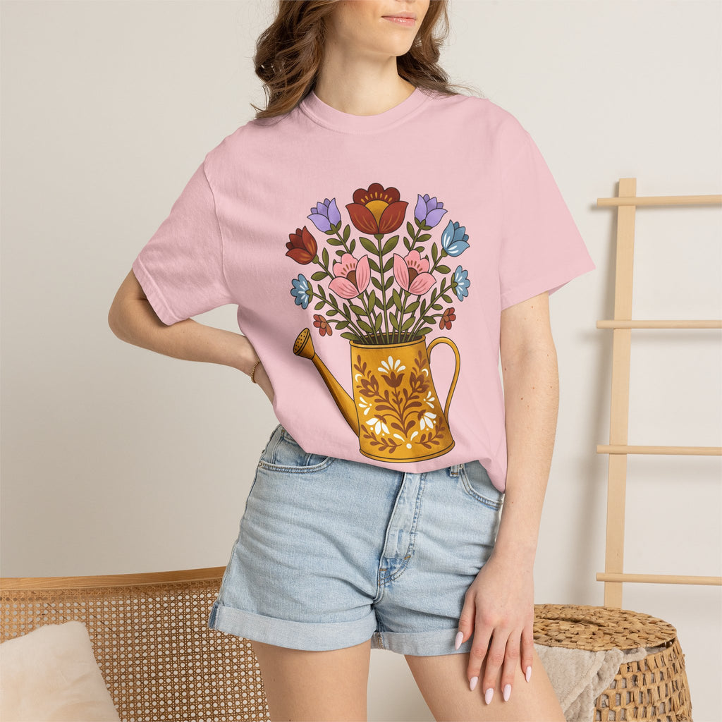 Floral Bouquet Shirt Easter Garden Gift Women Folk Art Tee Flower Arrangement T-Shirt Spring Fan Floral Graphic Vintage Retro Watering Can