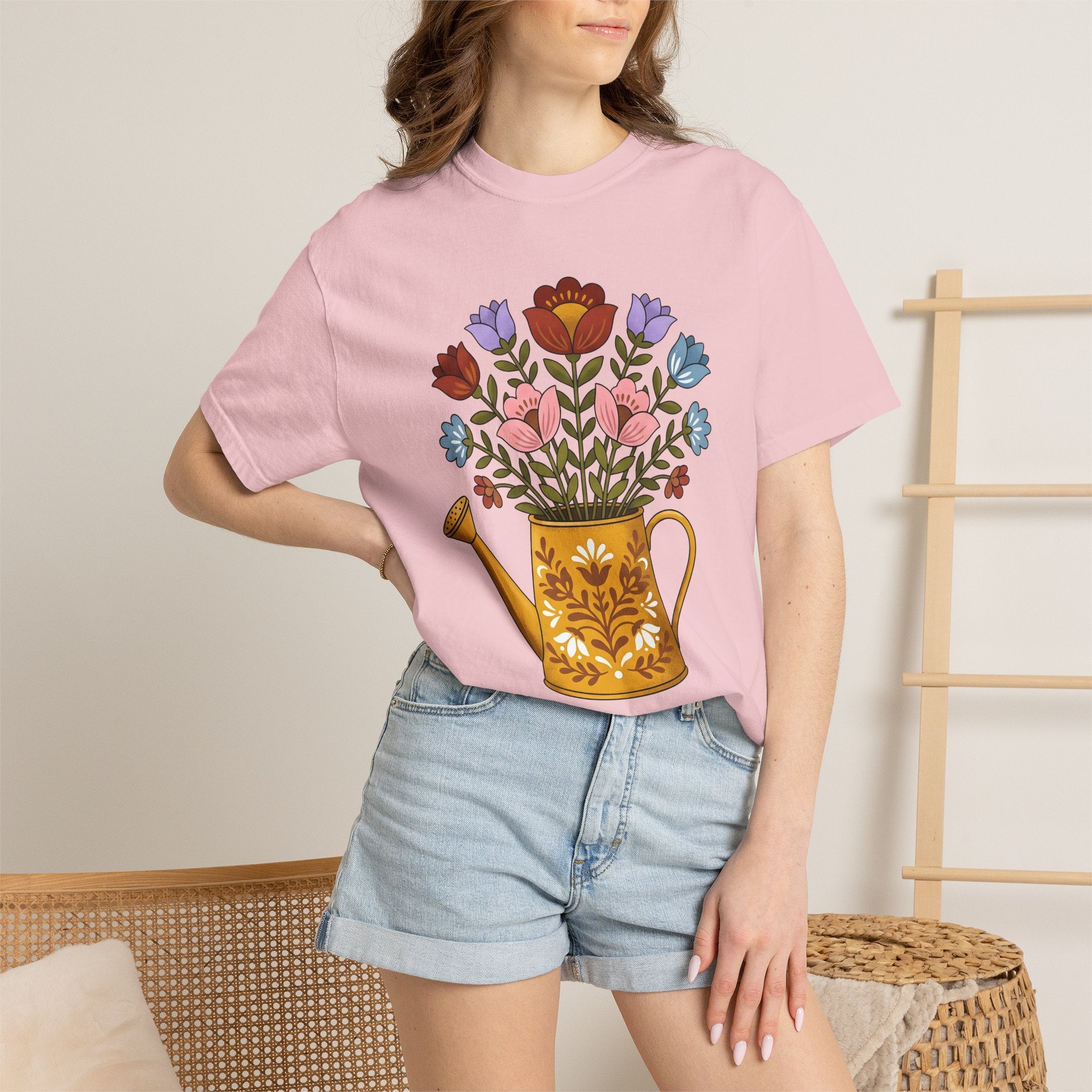Floral Bouquet Shirt Easter Garden Gift Women Folk Art Tee Flower Arrangement T-Shirt Spring Fan Floral Graphic Vintage Retro Watering Can