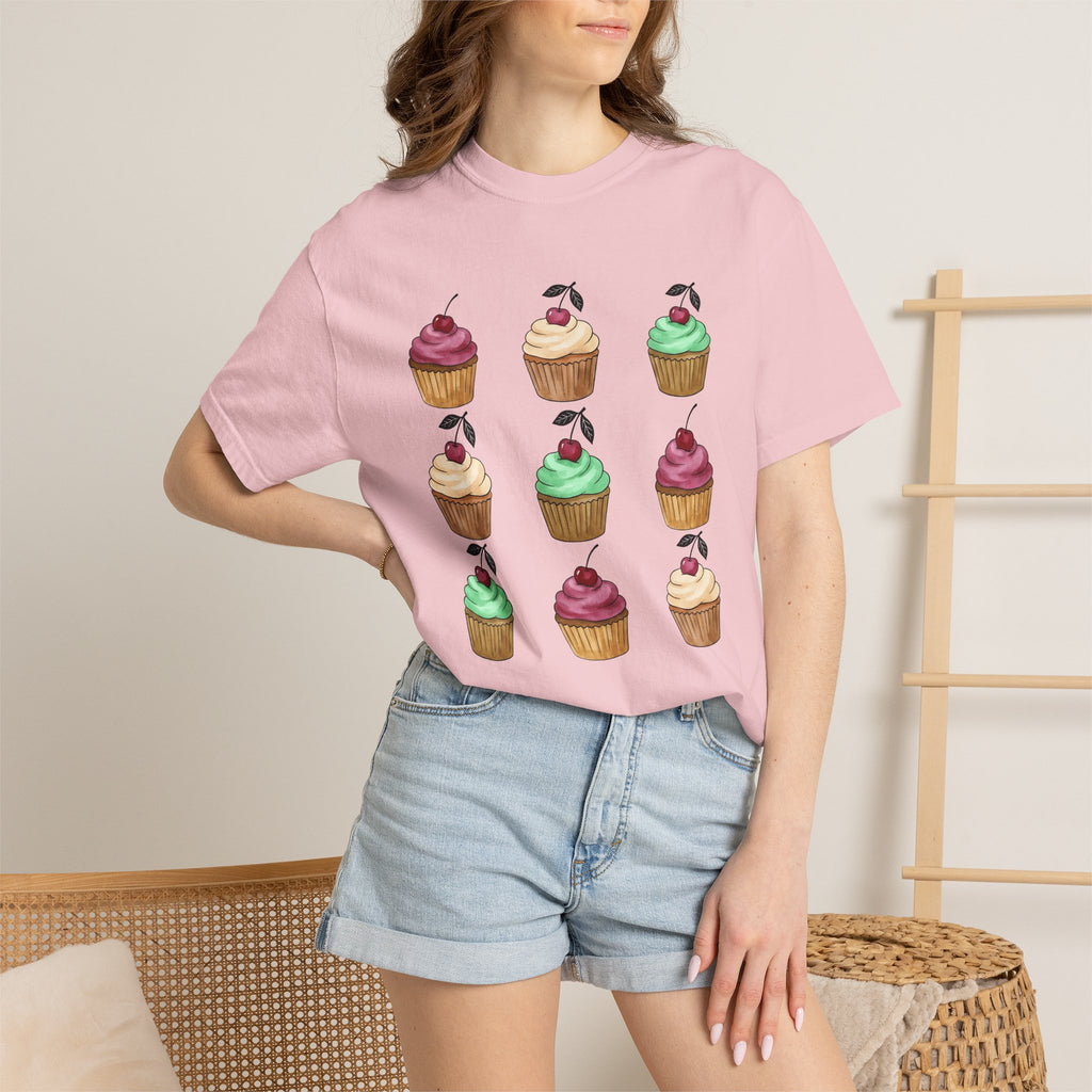 Cupcake Motif Shirt Desserts Sweets Gift Women Ink Tee Muffin T-Shirt Pastry Fan Tattoo Tshirt Treat Design Outline Cherry Tshirt