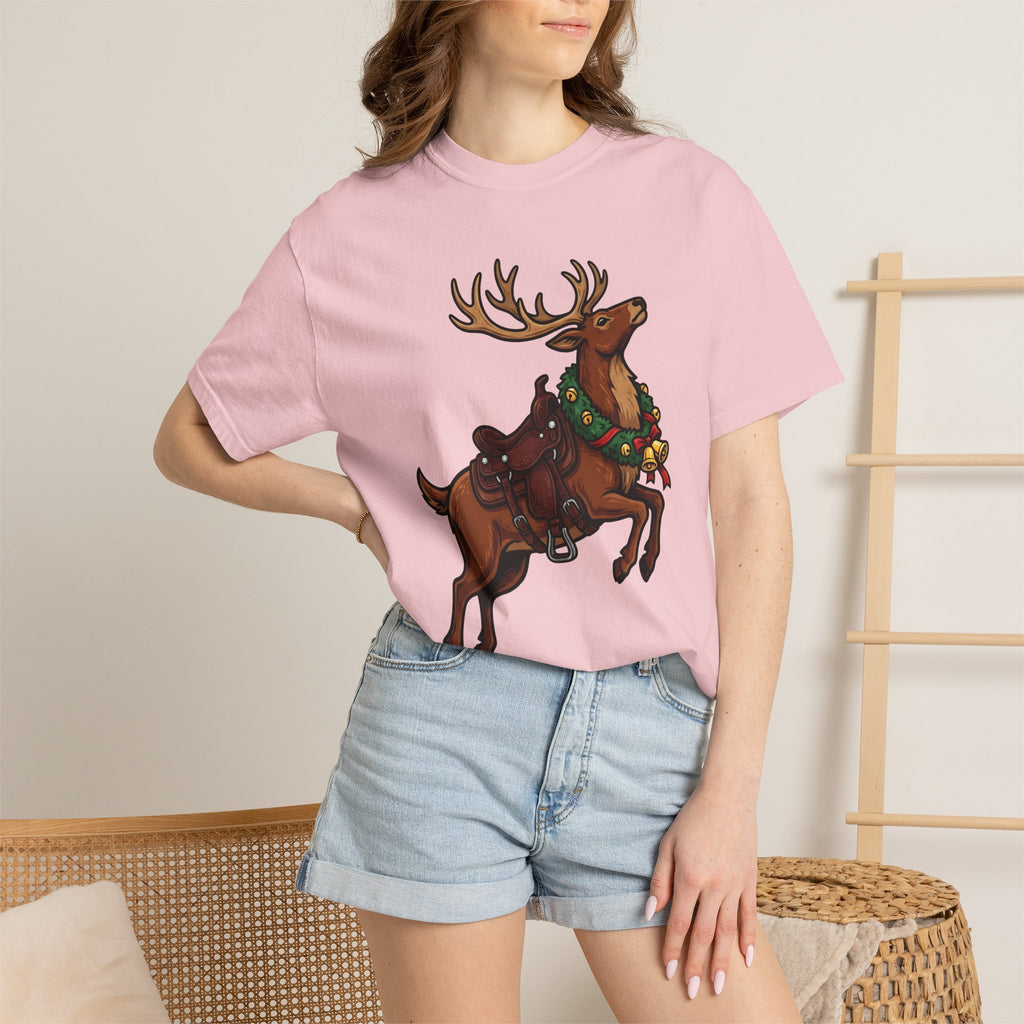 Elk Saddle Shirt Christmas Pets Gift Women Animated Tee Saddle Blanket T-Shirt Xmas Fan Cartoon Tshirt Animal Graphic Hand Drawn Christmas