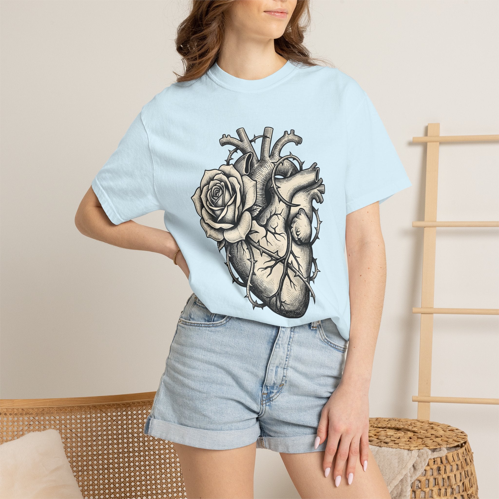 Heart Blossom Shirt Valentine Macabre Gift Women Line Art Tee Flower T-Shirt Valentine Fan Minimalist Tshirt Dark Graphic Hand Drawn