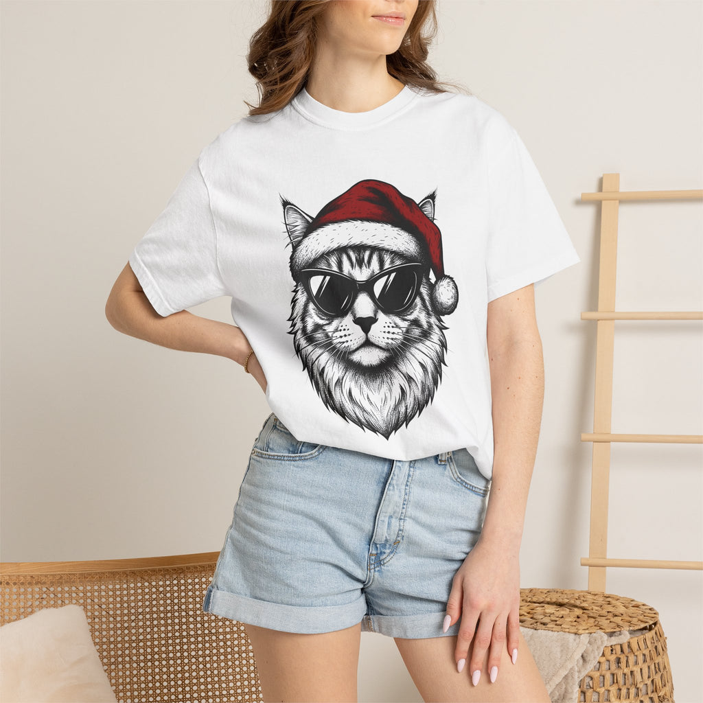 Kitten Santa Hat Shirt Christmas Animal Gift Women Line Art Tee Kitten Santa Hat T-Shirt Christmas Fan Kitty Graphic Cartoon Shades Tshirt
