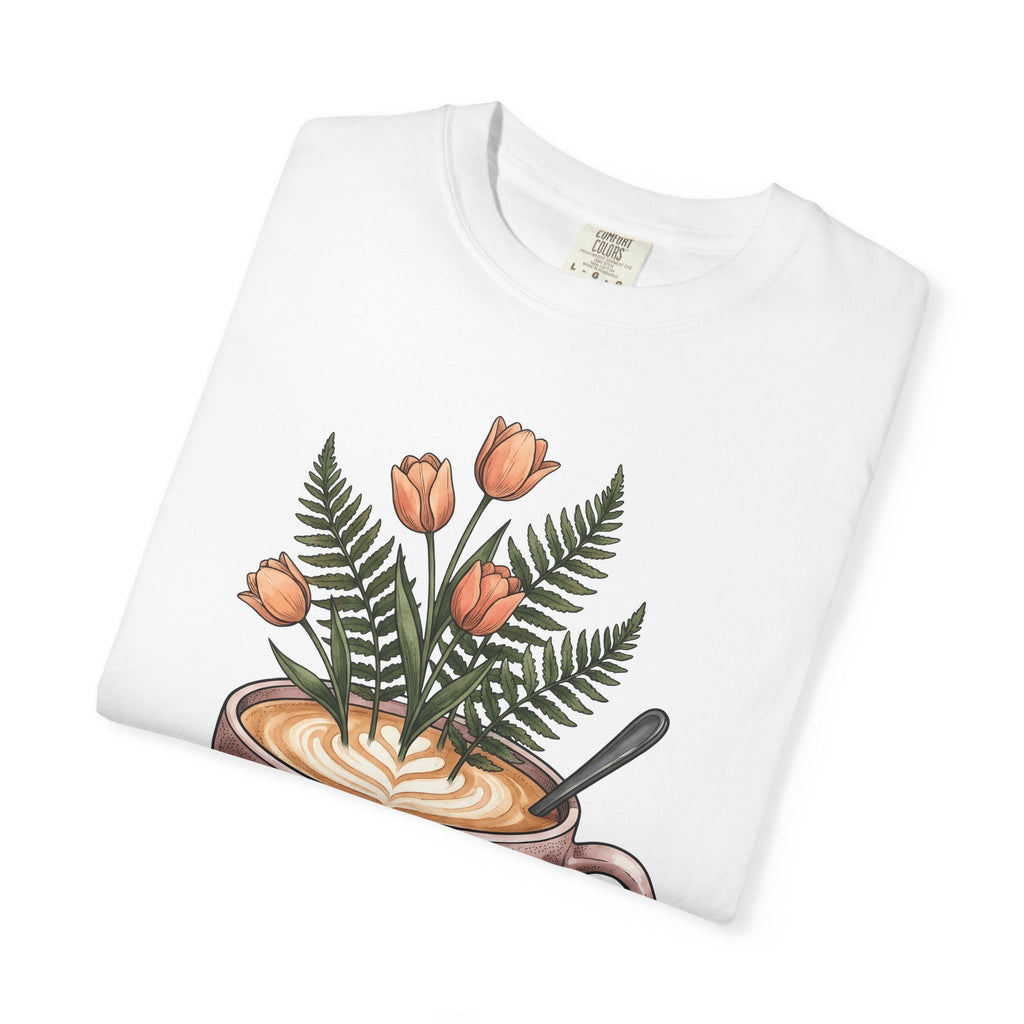 Latte Cup Shirt Coffee Buds Gift Women Line Art Tee Coffee Mug T-Shirt Coffee Fan Minimalist Tshirt Floral Graphic Cartoon Daisies Tshirt