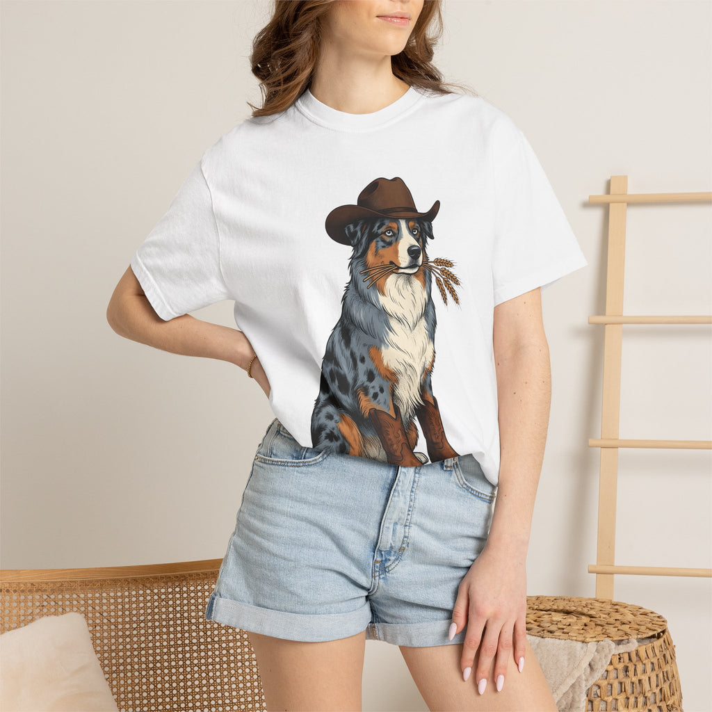 Shepherd Dog Shirt Dog Rodeo Gift Women Old School Tee Sheepdog T-Shirt Dog Fan Vintage Tshirt Rodeo Graphic Line Art Cowgirl Hat Tshirt