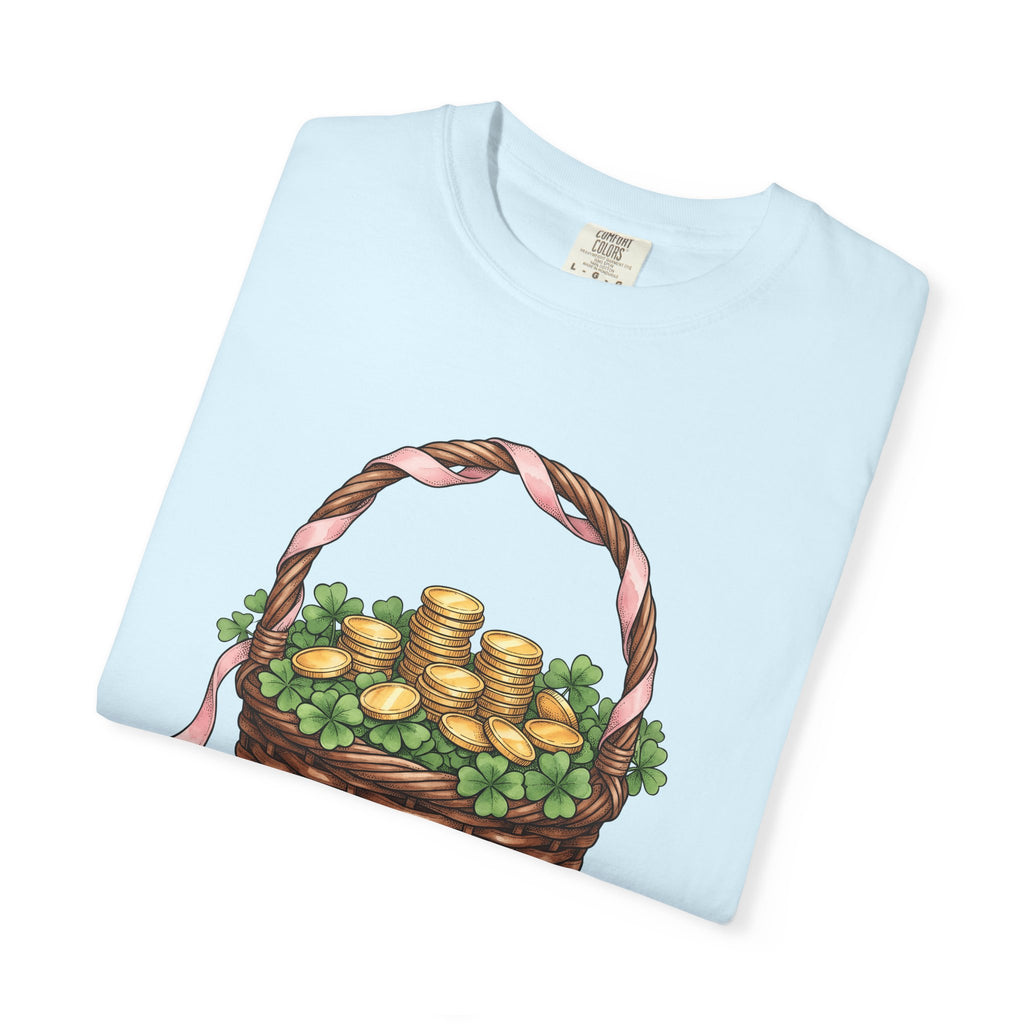 Gold Coin Basket Shirt St Patrick's Day Blessing Gift Women Line Art Tee Treasure Basket T-Shirt Luck Enthusiast Illustration Tshirt Divine