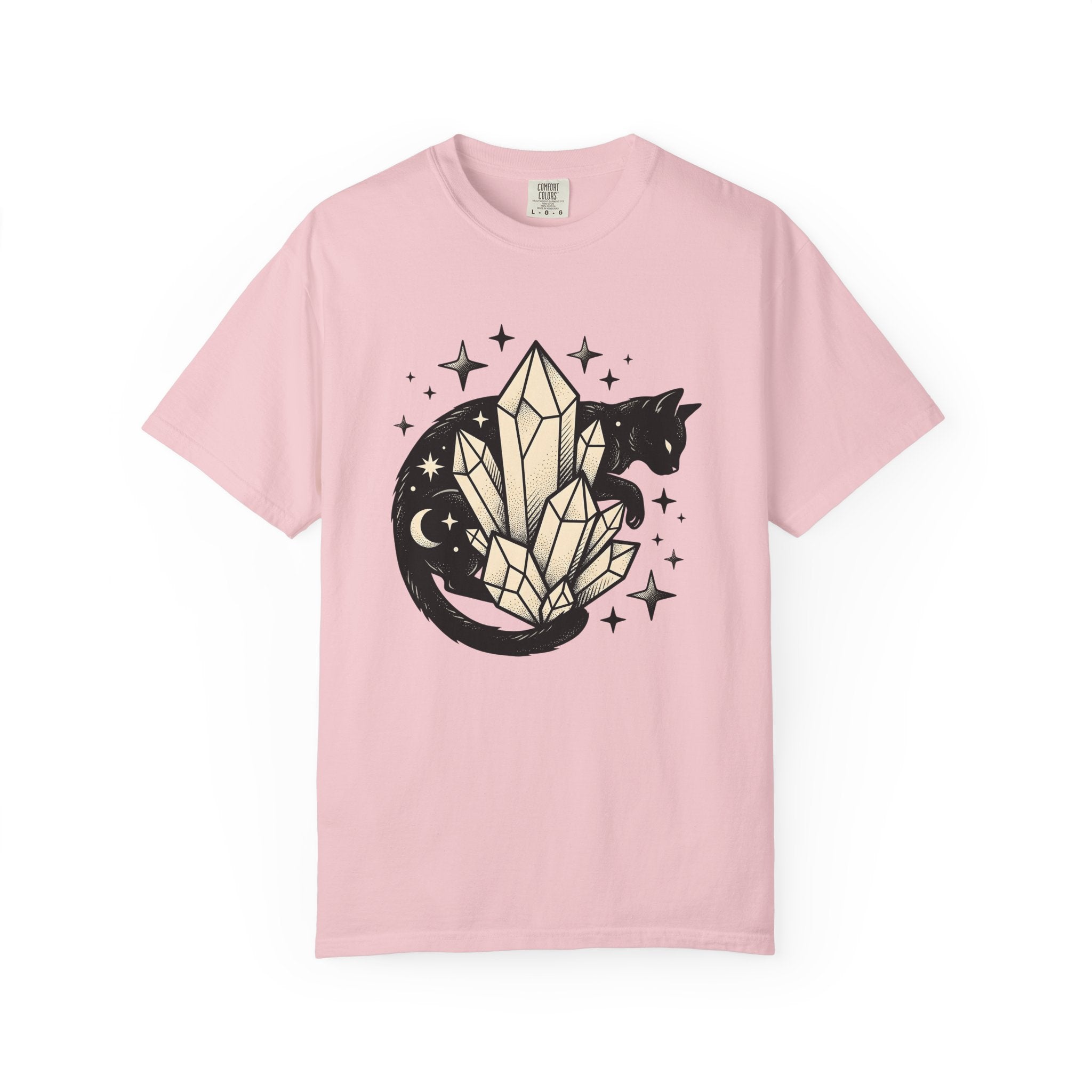 Black Cat Crystal Shirt Cat Alternative Gift Women Witchy Tee Crystal Cat T-Shirt Cat Fan Mystical Tshirt Gothic Graphic Sketch Stars Tshirt