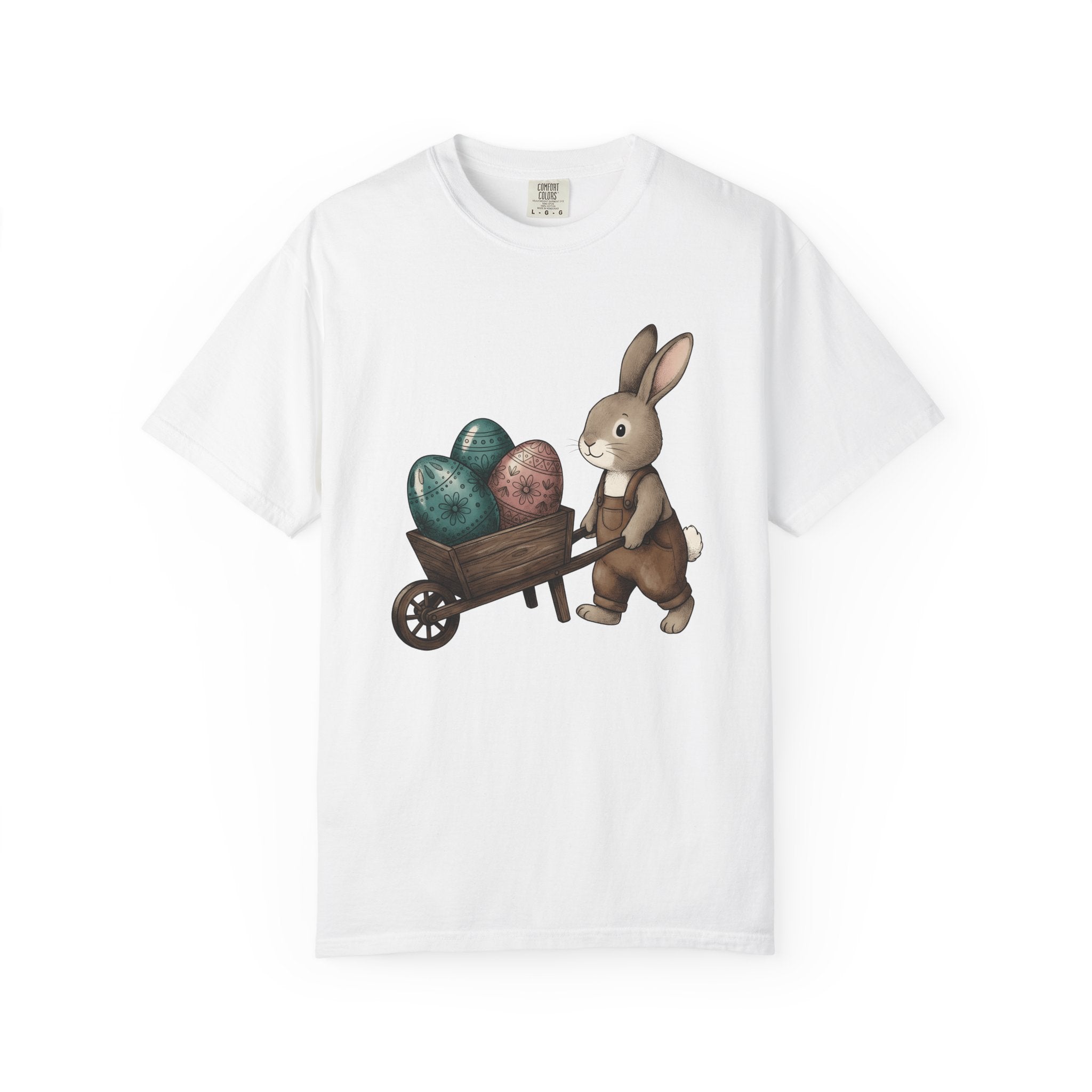 Bunny Cart Shirt Easter Wildlife Gift Women Sweet Tee Rabbit T-Shirt Easter Fan Bunny Tshirt Wildlife Graphic Doodle Colorful Eggs Tshirt
