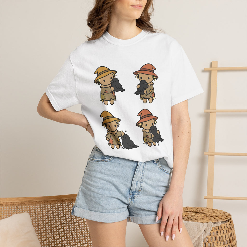 Scarecrow Crow Shirt Halloween Leaves Gift Women Hand Drawn Tee Crow T-Shirt Horror Fan Illustrated Tshirt Foliage Graphic Sleek Applique