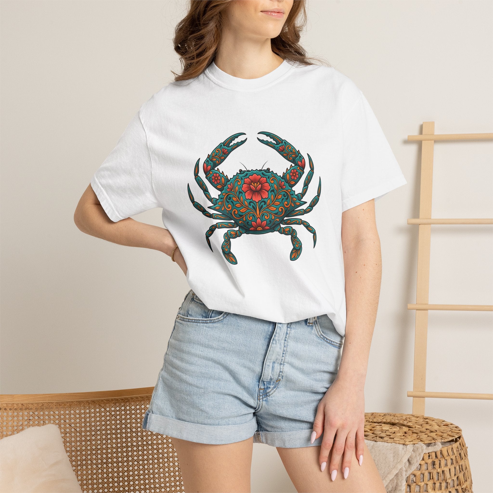 Floral Crab Shirt Animals & Flowers Ocean Gift Women Boho Tee Crab T-Shirt Flower Fan Boho Chic Tshirt Sea Graphic Folk Art Mandala Tshirt