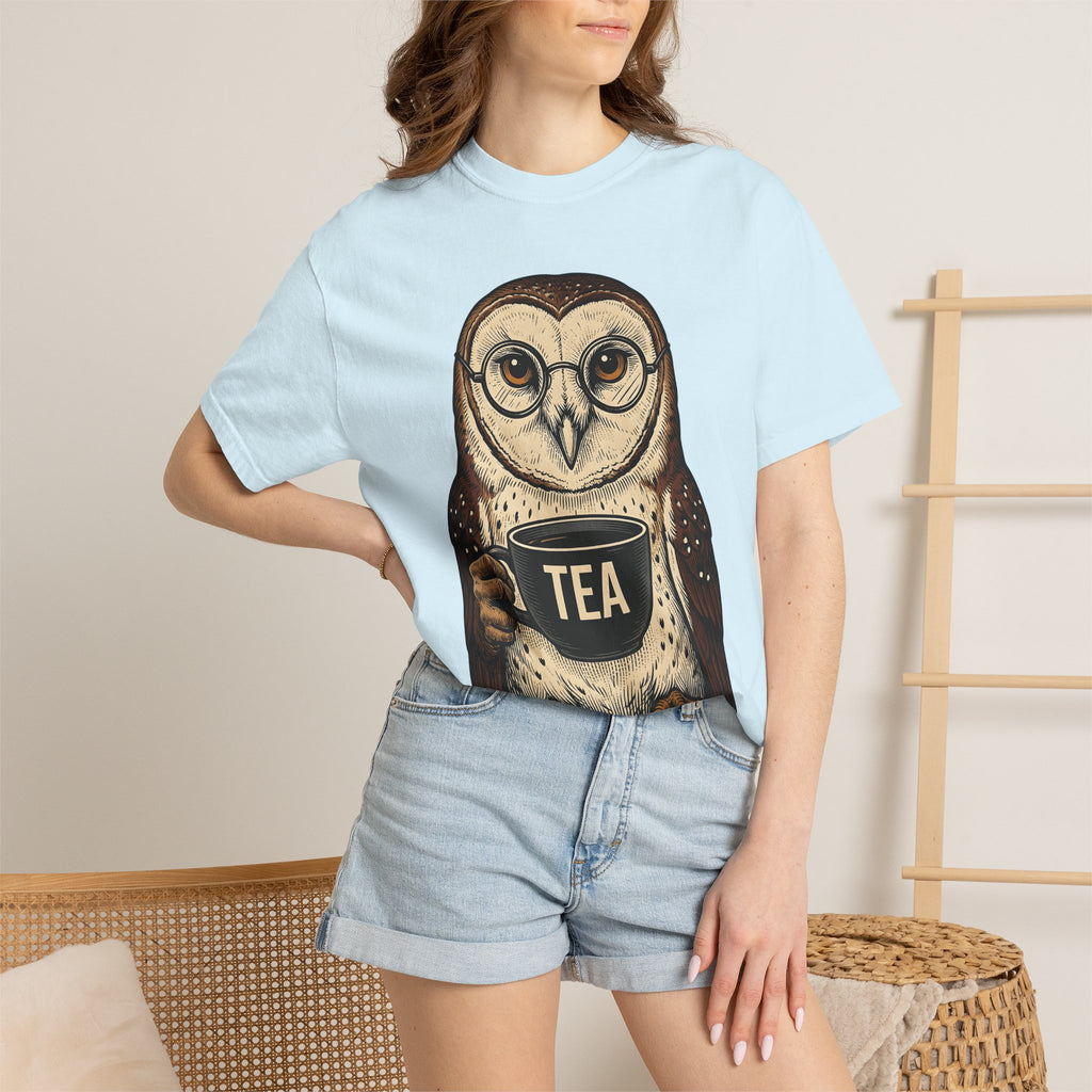 Owl Tea Cup Shirt Tea Animal Gift Women Vintage Tee Teacup T-Shirt Tea Fan Retro Tshirt Wildlife Graphic Hand Drawn Glasses Tshirt