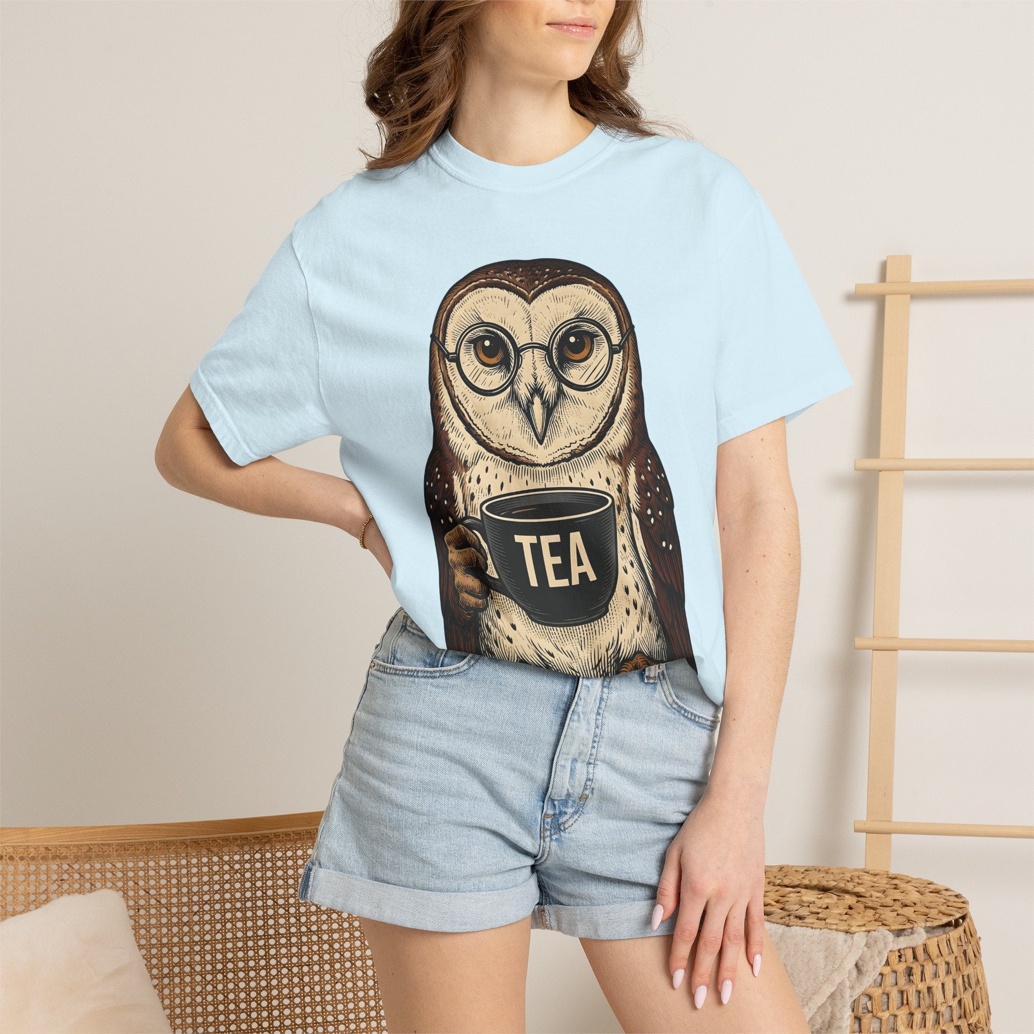 Owl Tea Cup Shirt Tea Animal Gift Women Vintage Tee Teacup T-Shirt Tea Fan Retro Tshirt Wildlife Graphic Hand Drawn Glasses Tshirt