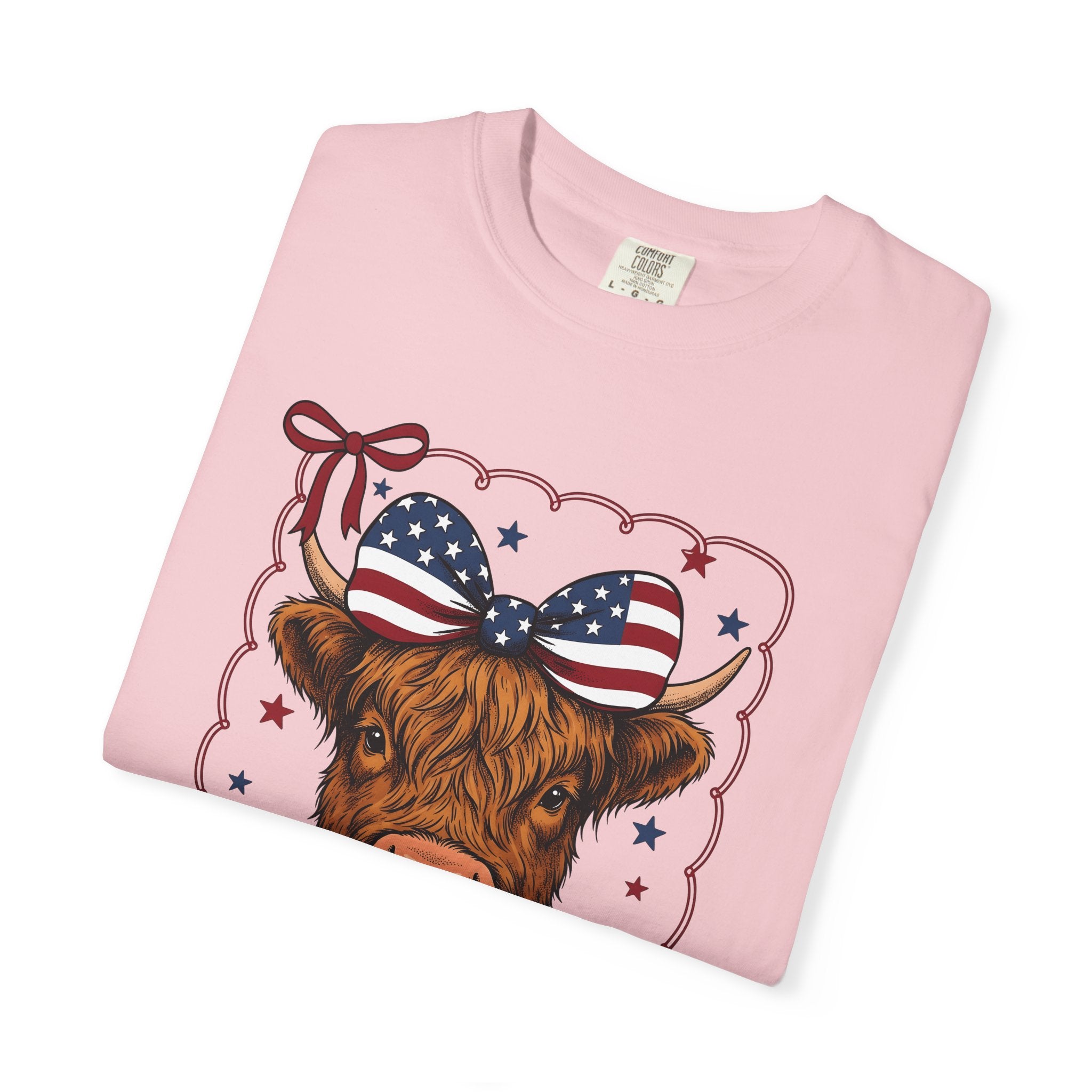 Scottish Cow Shirt America Agriculture Gift Women Retro Tee Highland Cow T-Shirt American Fan Vintage Tshirt Farming Graphic Sketch Flag Bow