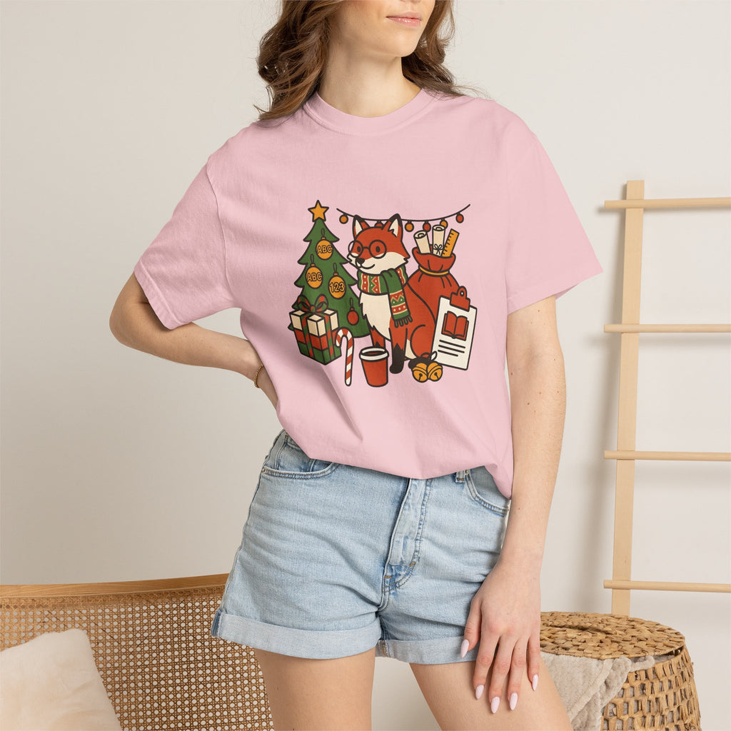 Holiday Fox Shirt Teachers Christmas Gift Women Line Art Tee Fox T-Shirt Educator Enthusiast Illustration Graphic Xmas Design Retro Study